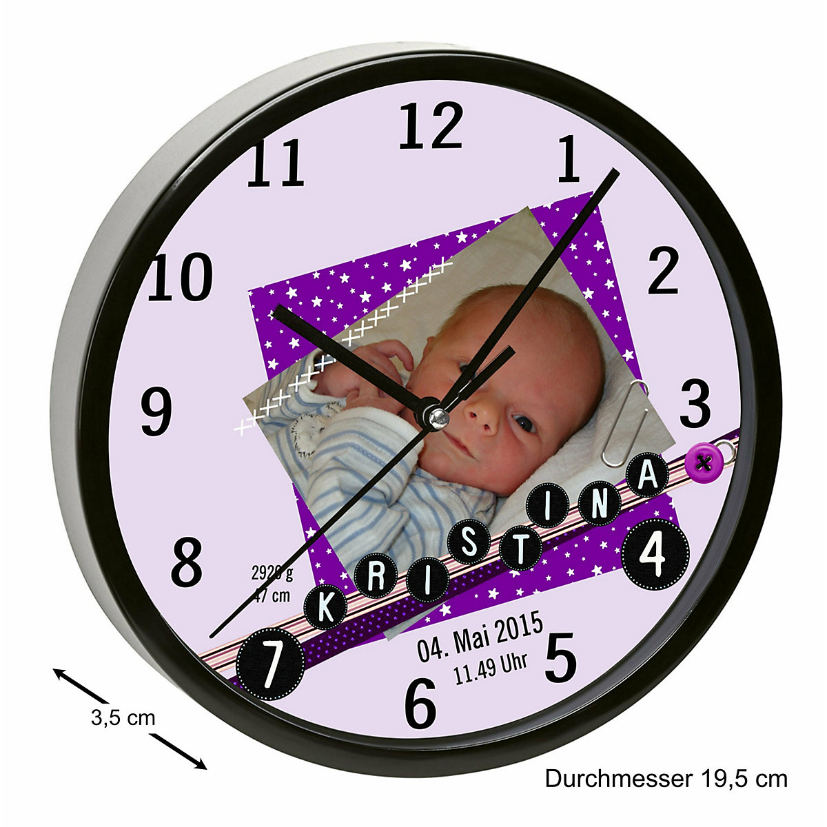 Kinder Wanduhr laufruhig personalisiert mit Name Scrapbooking lila