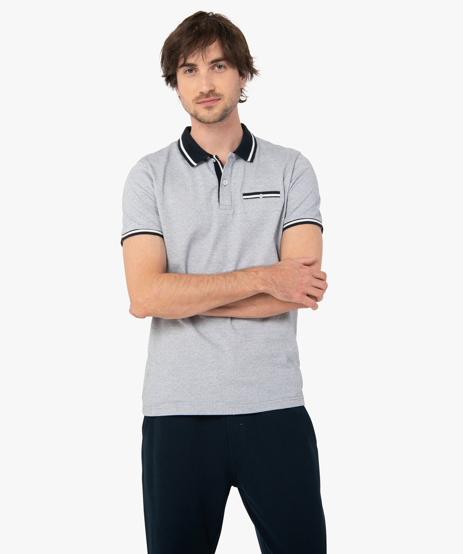 Polo homme à manches courtes à motif pois bleu fonce | GEMO