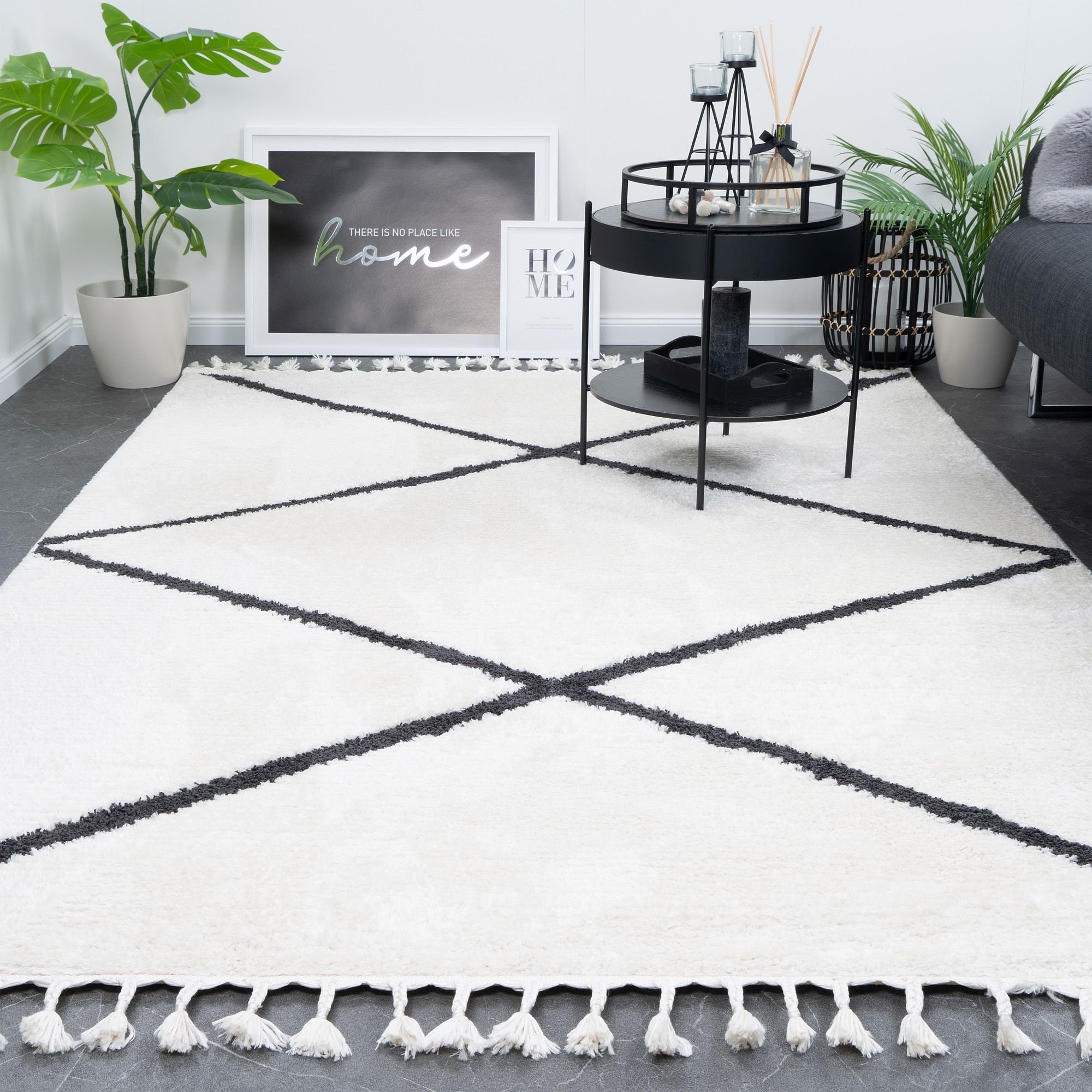 Designteppich BERBER Teppich Wohnzimmer ivory creme weiß kurzflor Fransen Skandi, Consilio Concept