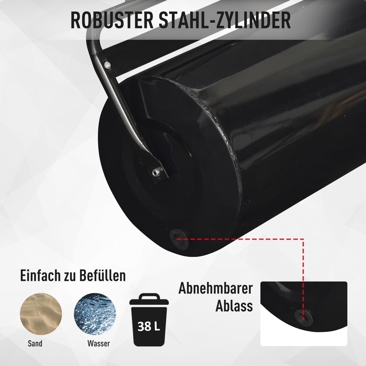 Outsunny Rasenwalze mit U-Griff Gartenwalze, 32 cm Durchmesser 38 L Wasser-/62 kg Sand Metall Schwarz