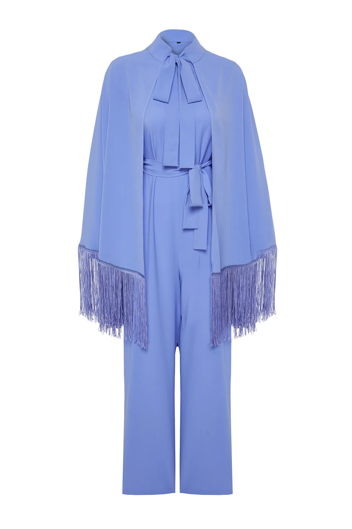 Trendyol Modest  Fliederfarbener Cape-Jumpsuit-Abendanzug mit Quasten TCTAW24DB00007