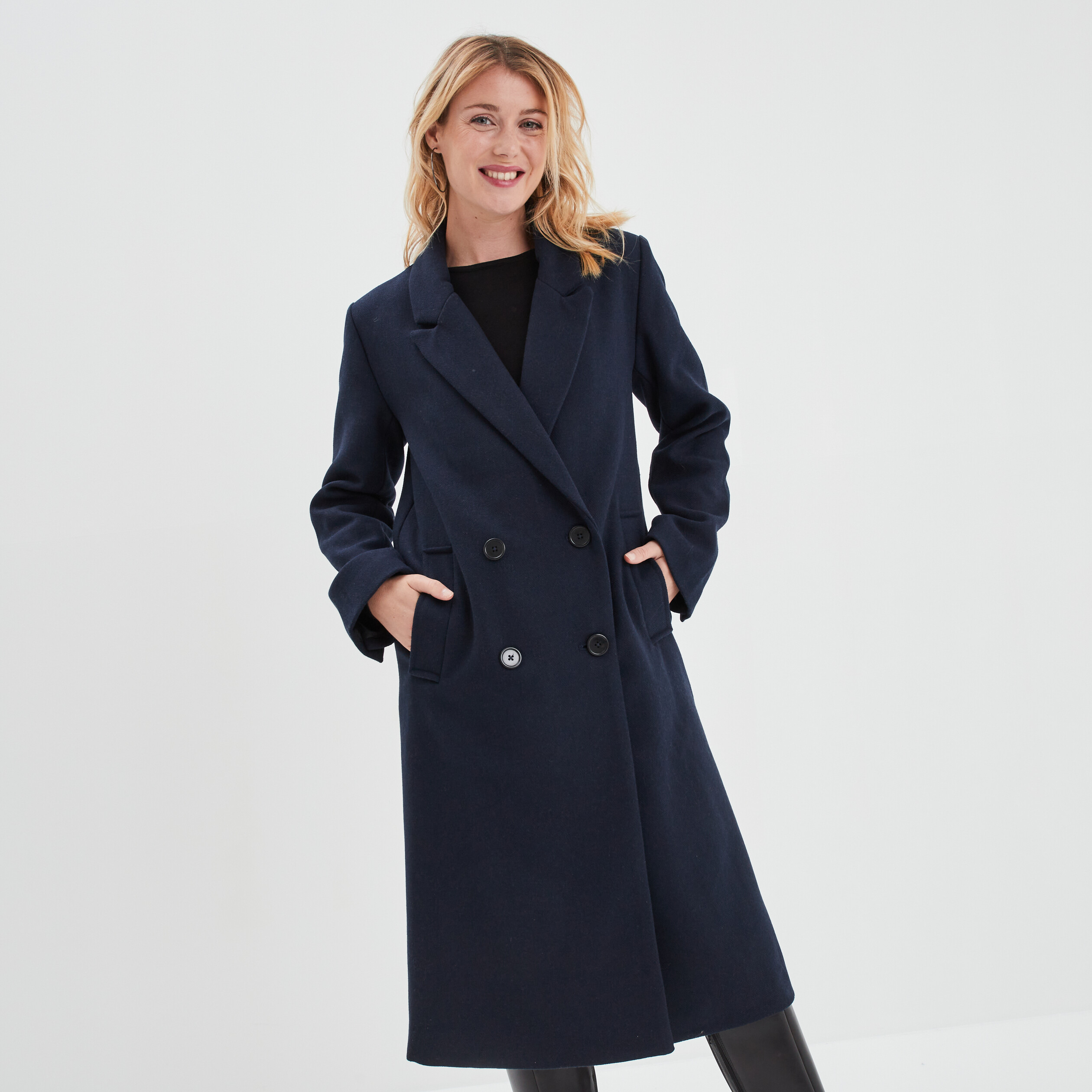 Manteau long boutonnage croisé bleu marine femme | La Halle