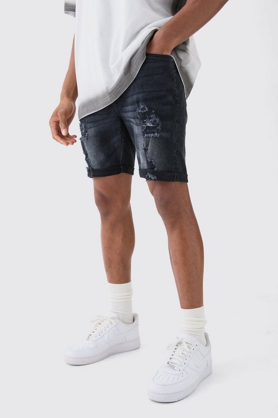 Zerrissene Skinny Stretch Jeansshorts in gewaschenem Schwarz
