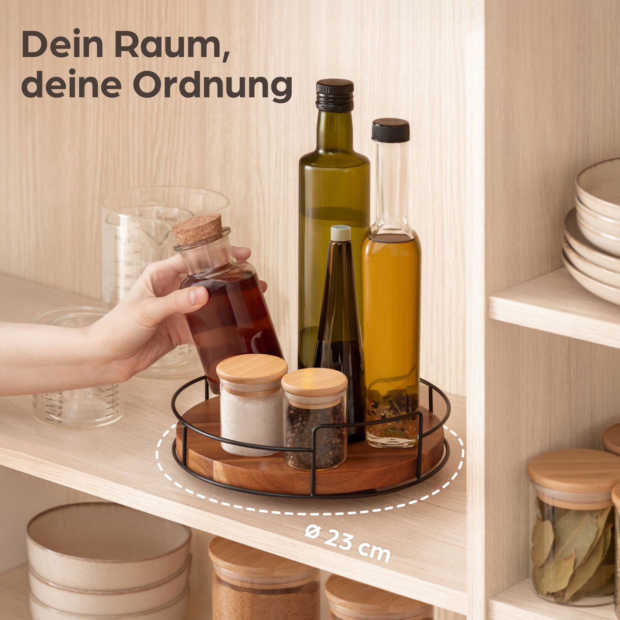 Praknu Gewürzkarussell Drehteller Organizer aus Holz Küche, Lazy Susan Tablett Servierteller, (1-tlg), Servierplatten 360° Drehbar - Rutschfest - Ø 23 cm - FSC Akazienholz