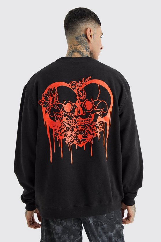 Tall Oversize Sweatshirt mit Totenkopf Herz Print