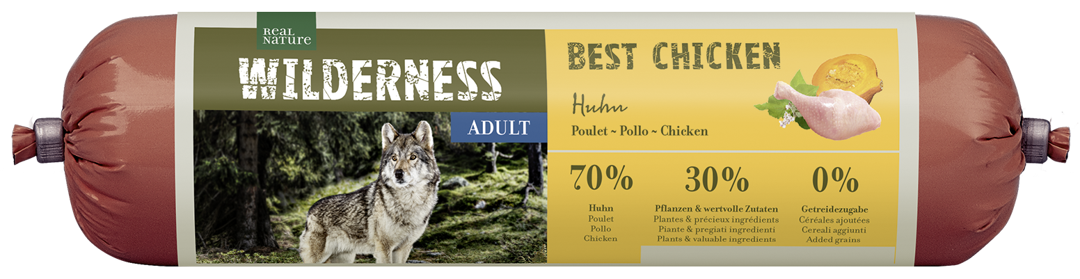 REAL NATURE Hundenassfutter REAL NATURE WILDERNESS Wurst Adult Best Chicken - Huhn mit Buchweizen und Kürbis 800 g