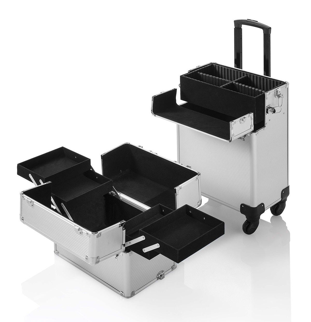 Kosmetex Kosmetikkoffer Friseurkoffer XXL Trolley mit 4 Rollen, Großer Kosmetik Friseur Koffer, Werkzeugkoffer Expert,silber