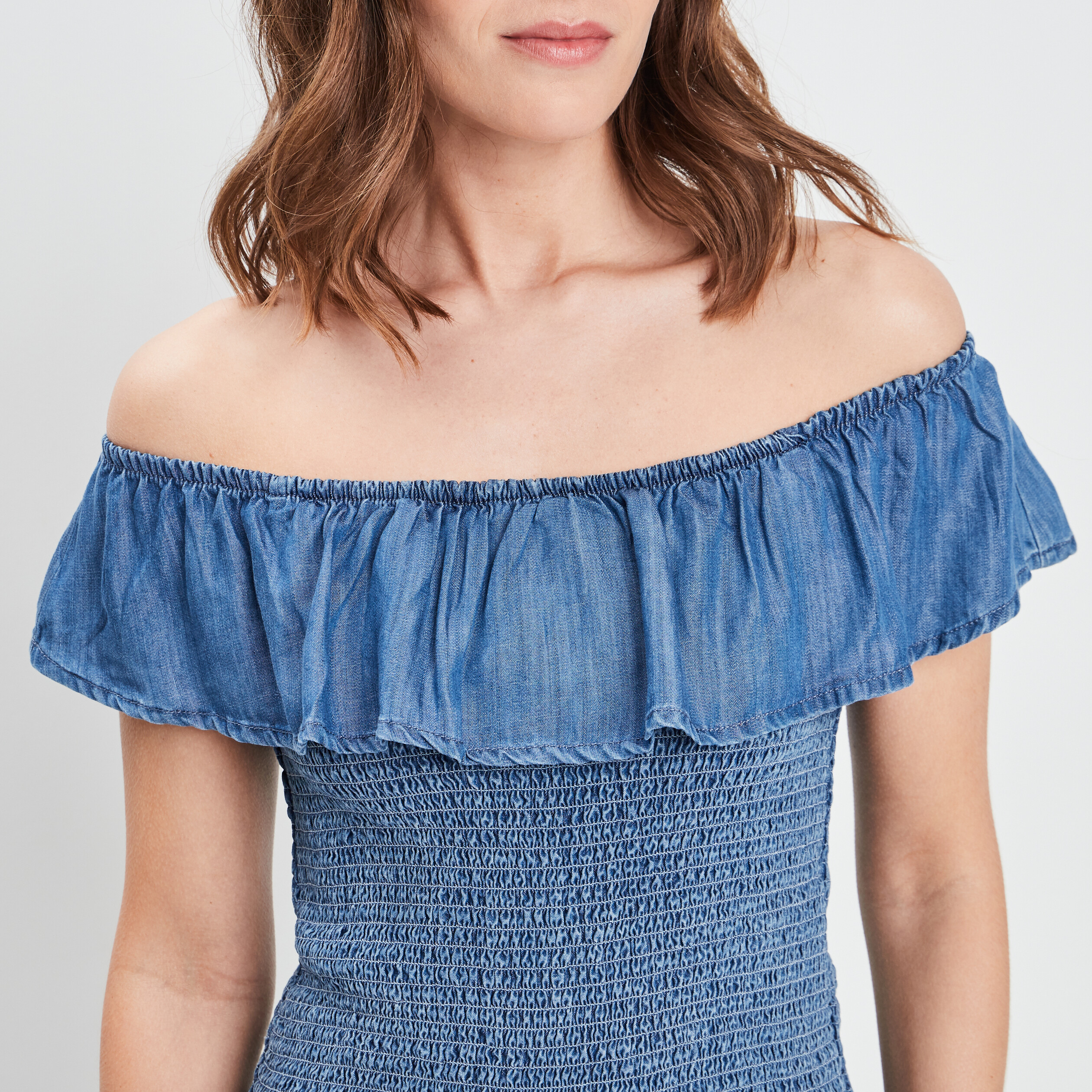 Blouse manches courtes col bardot denim bleach femme | La Halle