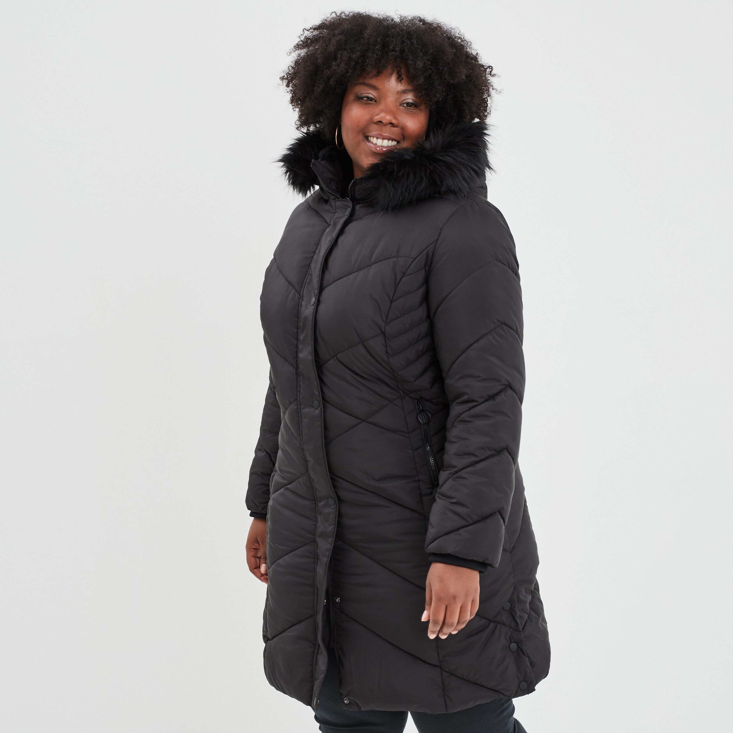 Doudoune longue capuche ouvertures côtés noir femme grande taille | La Halle