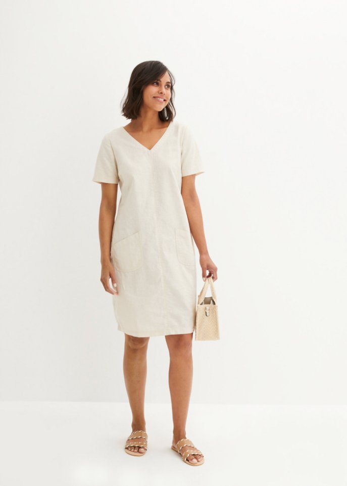Knielanges Kleid mit Leinen und V-Ausschnitt, Halbarm