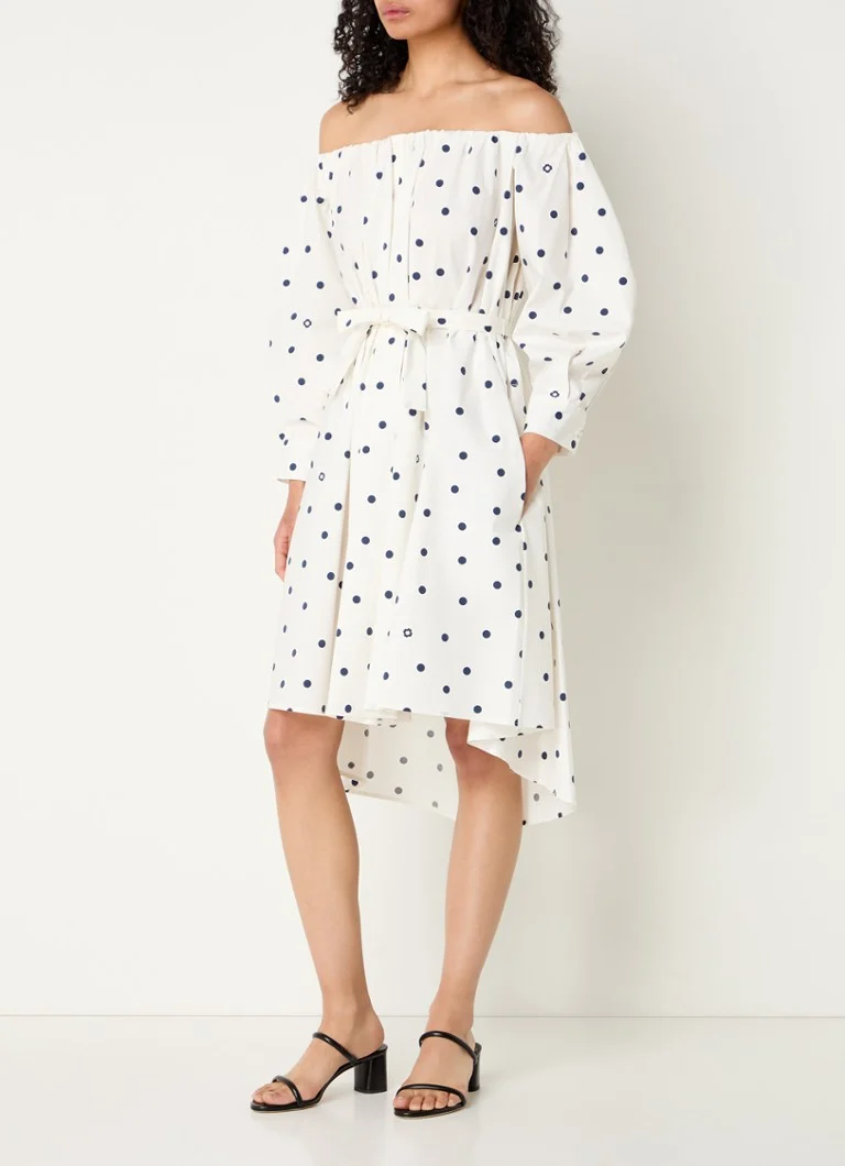 Maje off-shoulder midi dress with polka dot print and tie belt