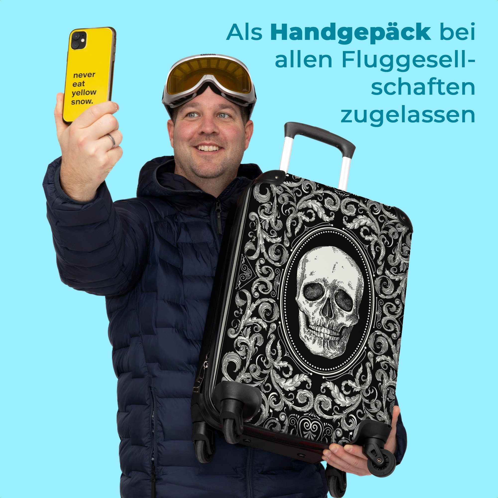 NoBoringSuitcases.com© Handgepäckkoffer 55x35x20cm Spielkarte - Totenkopf - Design - Schwarz und weiß - Männer, 4 Rollen, Handgepäck Trolley Rollkoffer Kleine Reisekoffer mit 4 Rollen - Cabin