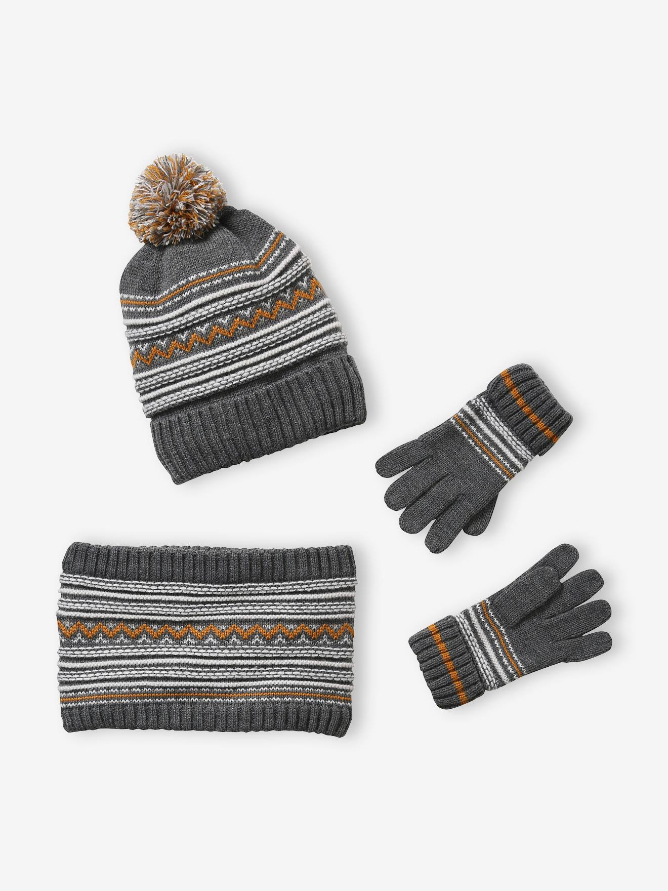 Ensemble garçon bonnet + snood + gants en maille jacquard gris