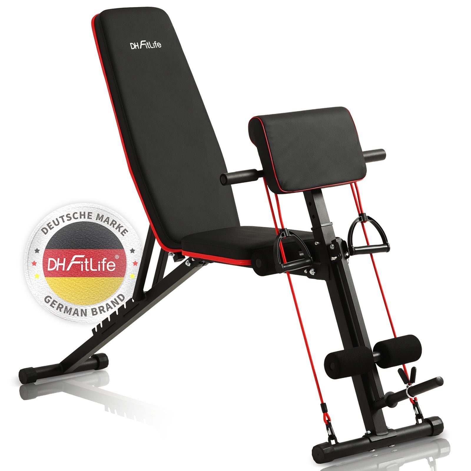 DH FitLife Hantelbank klappbar verstellbar, (Schrägbank & Flachbank für Bankdrücken, Rückentrainer u. Bauchtrainer), Trainingsbank Fitnessbank multifunktional für Fitness u. Krafttraining