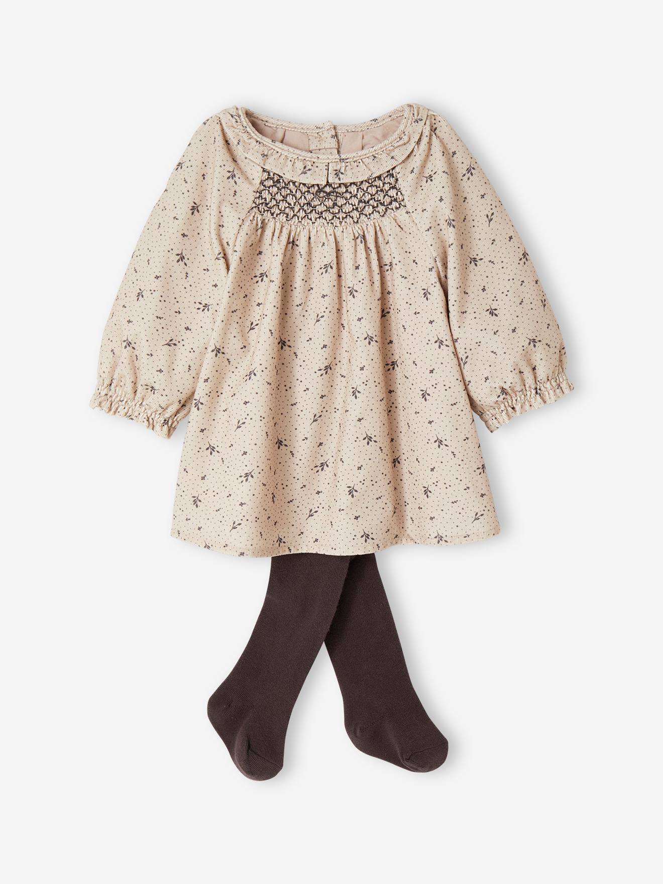 Ensemble naissance robe en velours et collants bébé argile