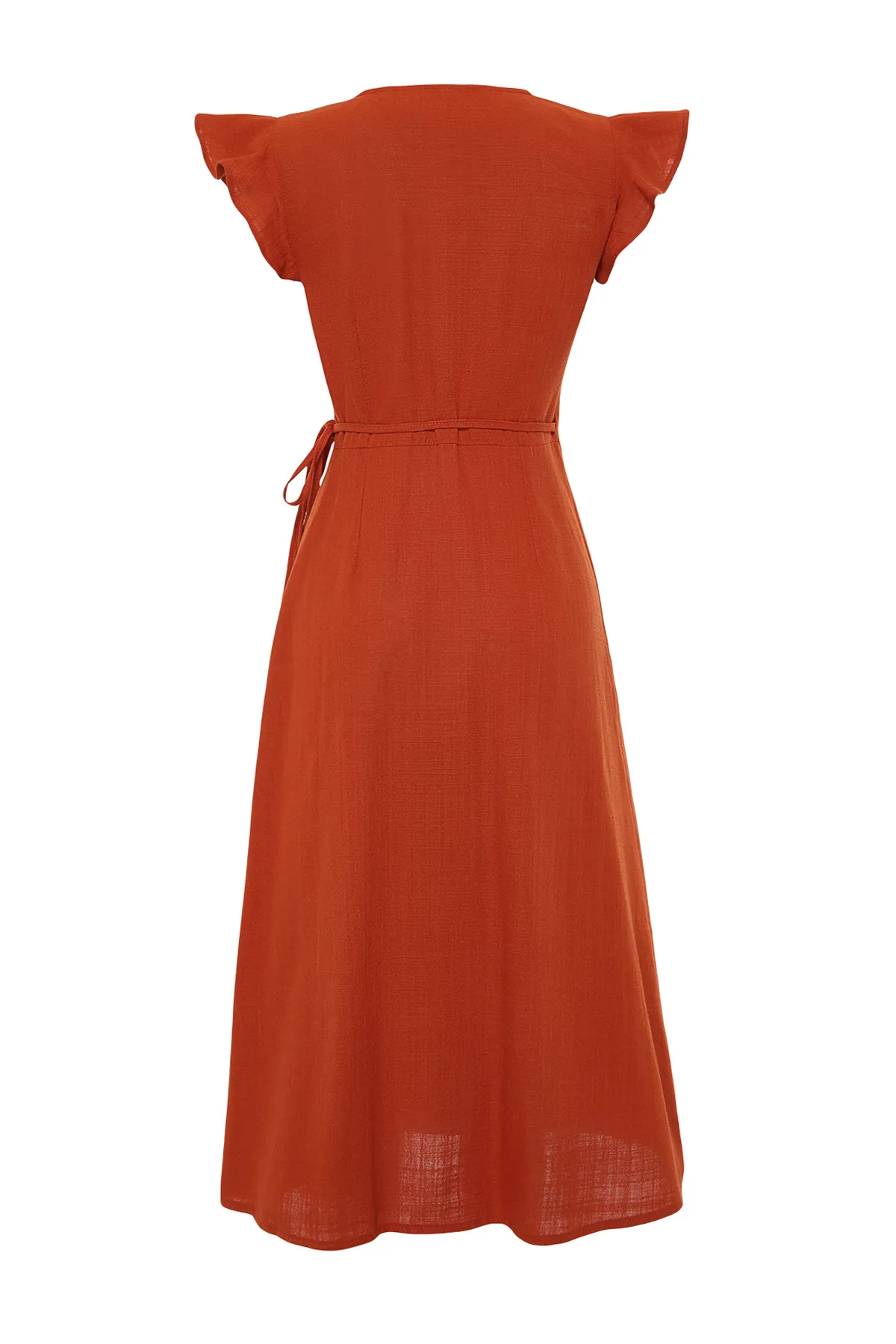 Trendyol Collection  Zweireihiges Midi-Kleid in gewebter Leinenoptik mit gefliestem Rüschendetail TWOSS24EL00071