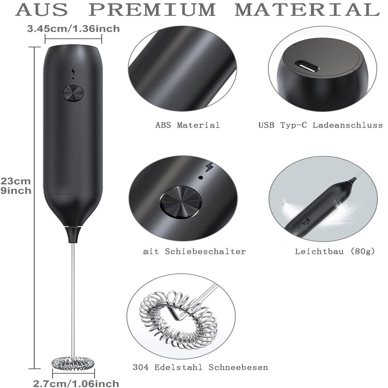 flowgoer Milchaufschäumer Elektrischer Milchaufschäumer, USB-Aufladung, Handaufschäumer, Eingebauter wiederaufladbarer 500-mAh-Lithium-Akku, tragbares Design