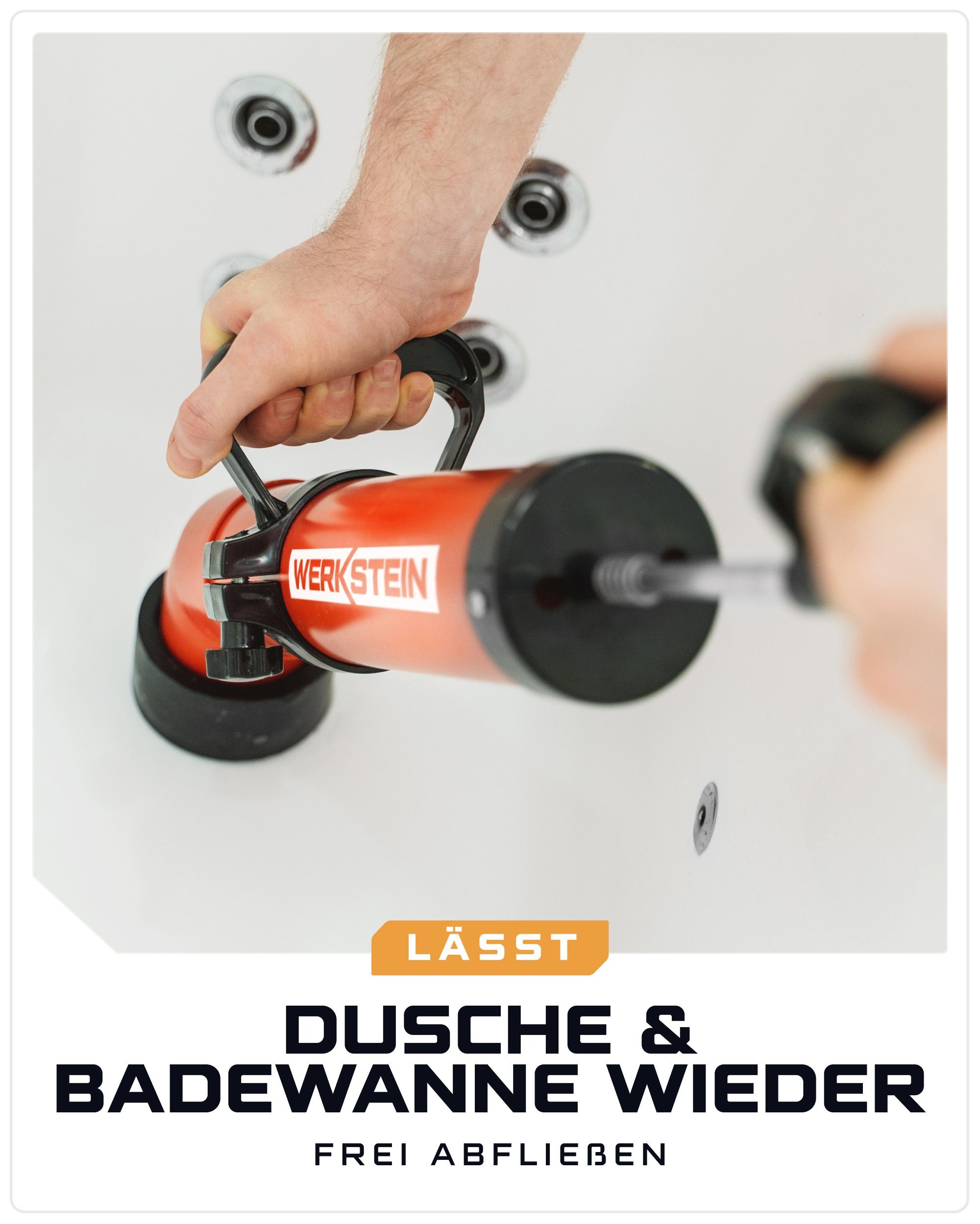 Werkstein Rohrreinigungspumpe I Abflussreiniger zur effektiven Rohrreinigung I Made in Germany, (Set, 3 teilig), Umweltfreundlich, aus stabilen ABS, inkl. 2 Adaptern
