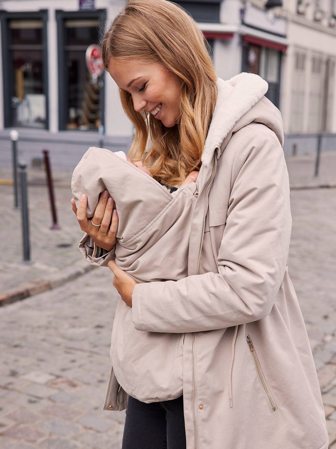 Parka évolutive grossesse et post-grossesse beige clair uni