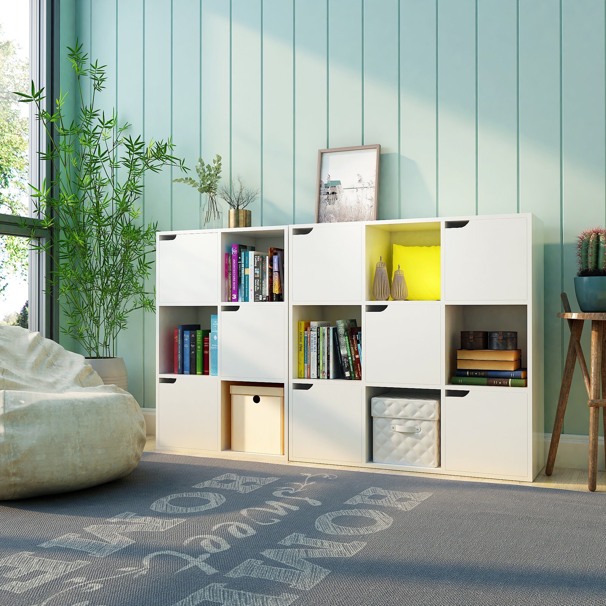 Mondeer Bücherregal Bücherschrank, Aufbewahrungsregal, 9 Fächer mit 5 Türen, Moderner Stil