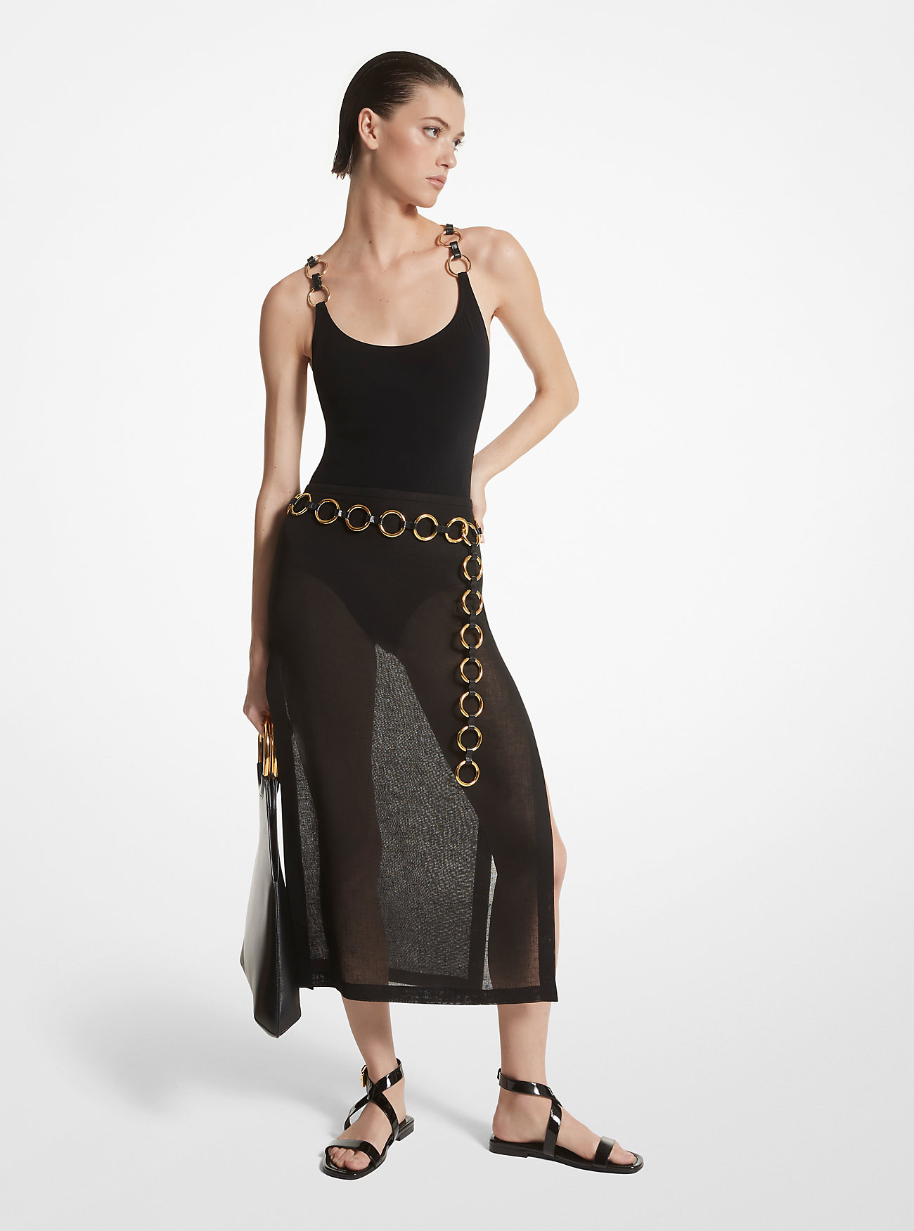 Linen Gauze Slit Skirt - BLACK
