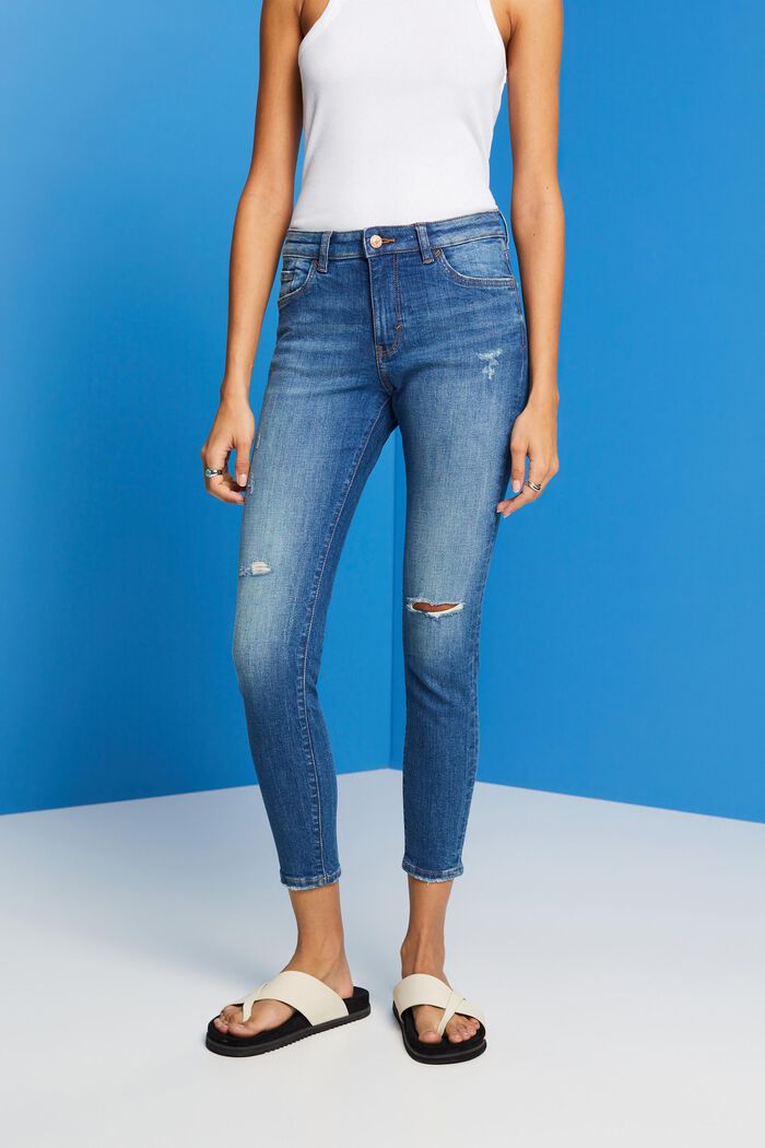 Verkürzte, schmal geschnittene Jeans in Used-Optik