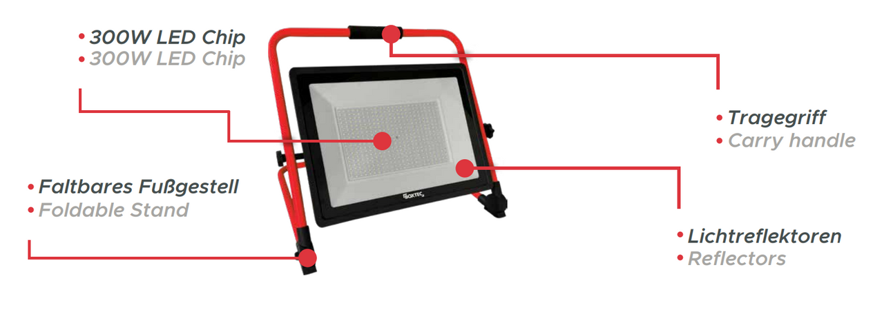 BOXTEC LED Arbeitsleuchte, Baustrahler, verstellbar, faltbar, 300W, 24000lm, 6500K, IP65, 3m Gummikabel