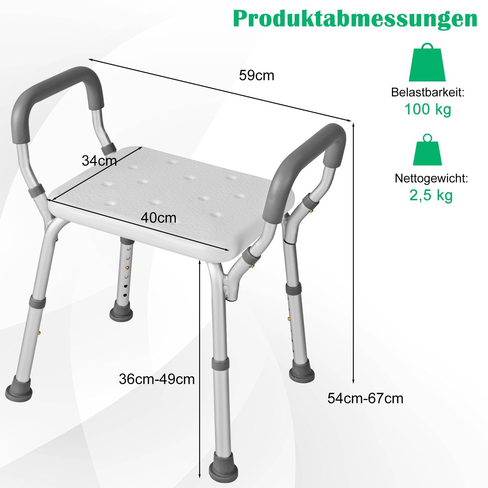 COSTWAY Duschhocker Badhocker, belastbar bis 100,00 kg, höhenverstellbar, mit Armlehnen