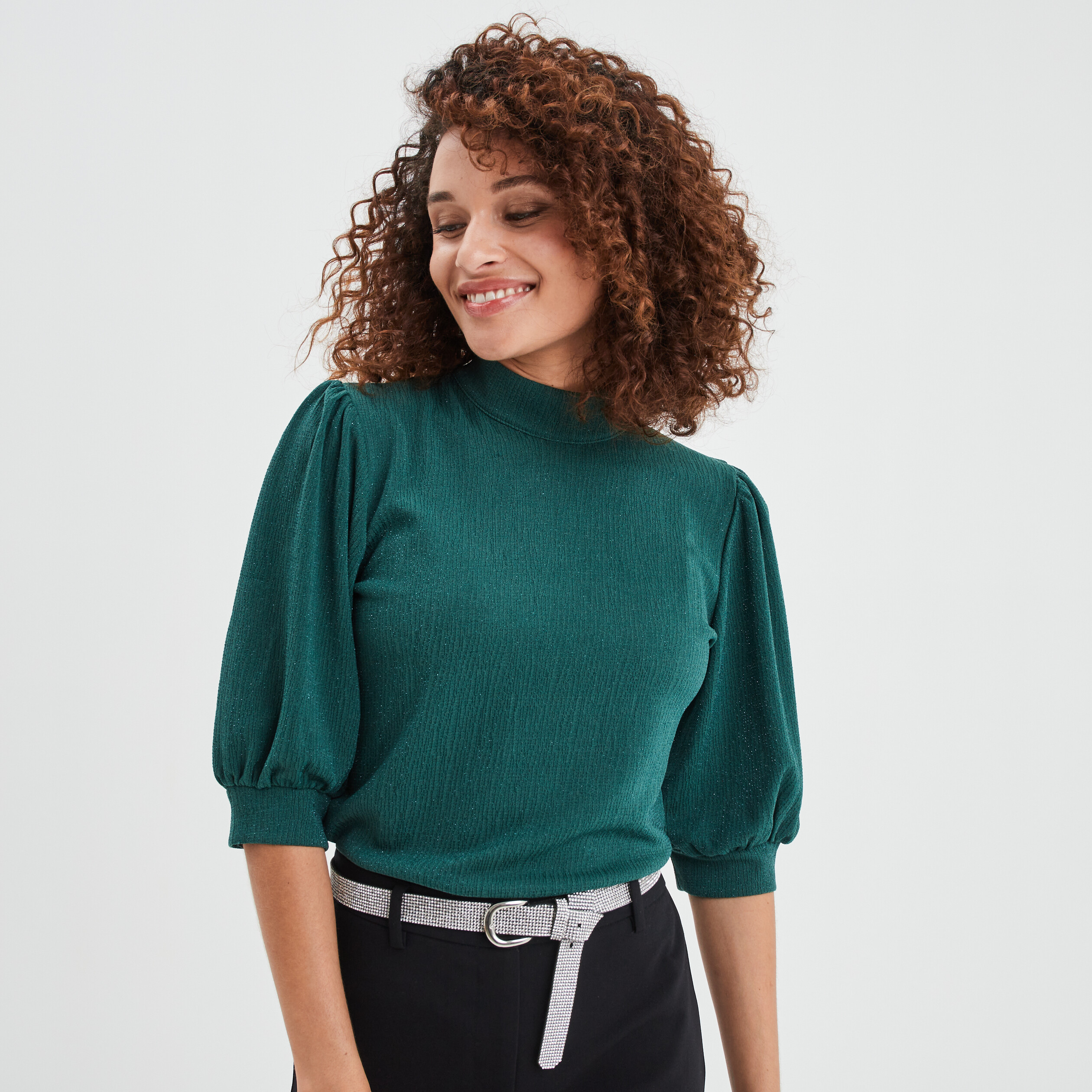 T-shirt col montant manches ballons vert foncé femme | La Halle