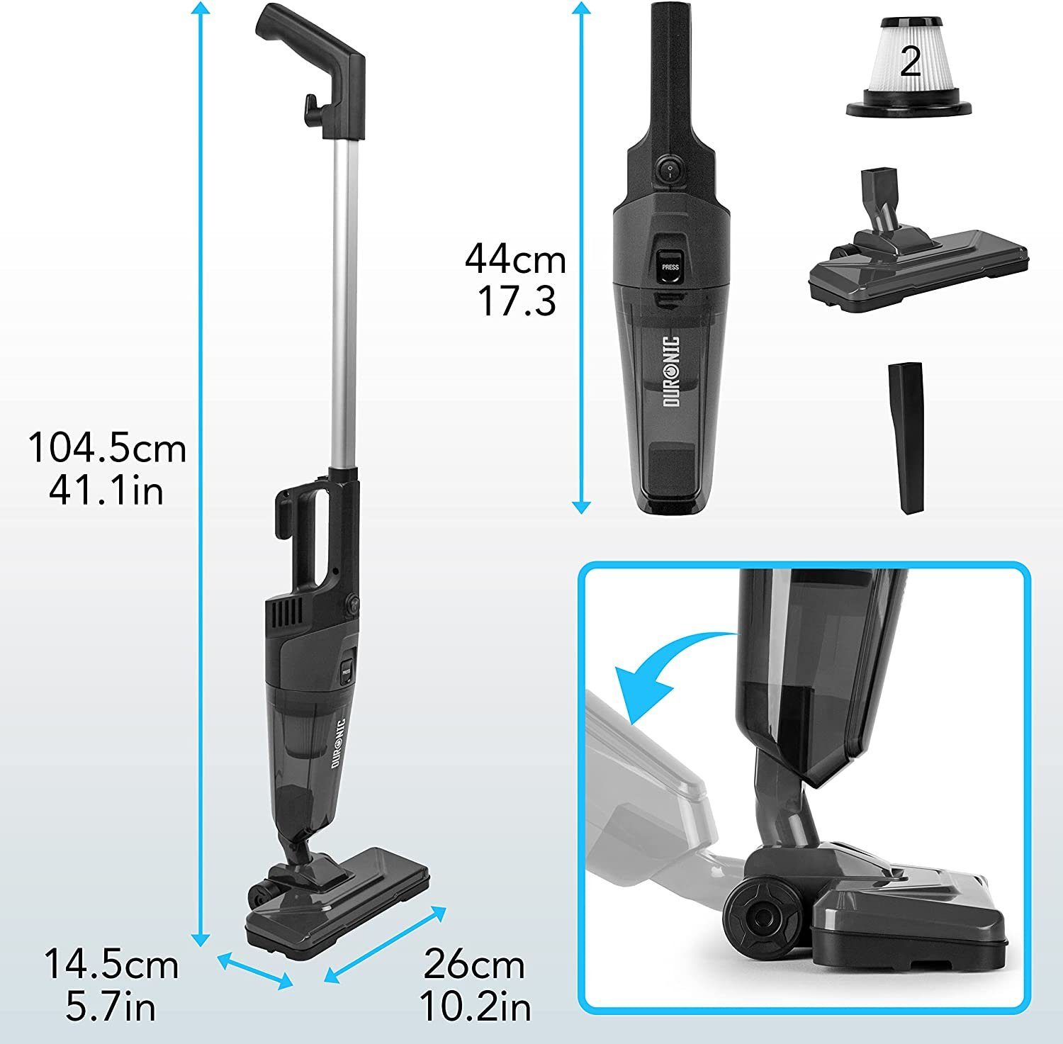Duronic Bodenstaubsauger, VC9 Bodenstaubsauger, 2-in-1 Handstaubsauger und Stielstaubsauger, Inkluviv Bodenbürste für Tierhaar und Zubehör, Beutellos HEPA Filter, 600 Watt, Staubsauger für Auto, Kabelgebunden