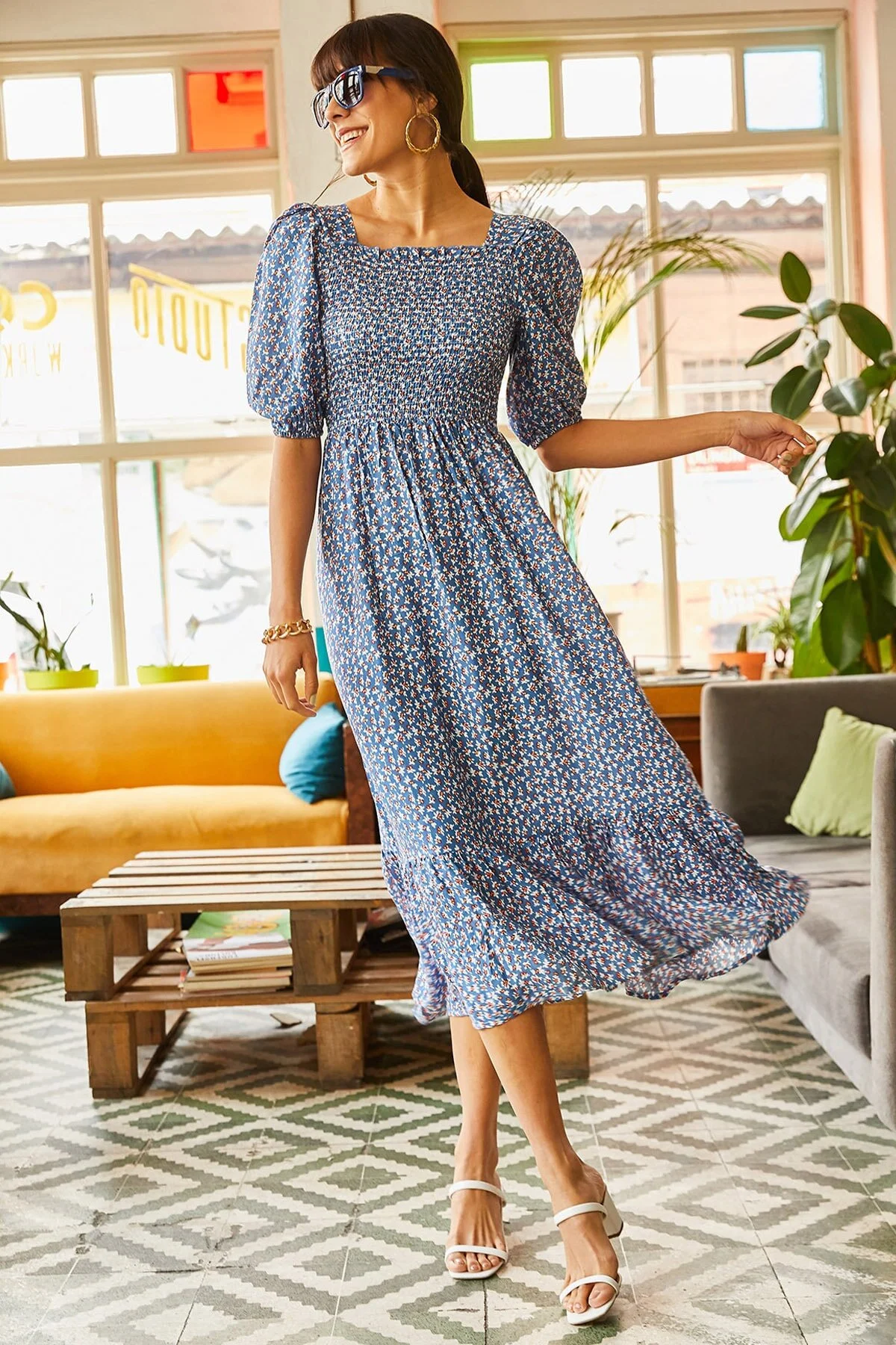 Olalook  Indigo Gimped Lässiges Kleid aus gewebter Viskose für Damen ELB-19001483