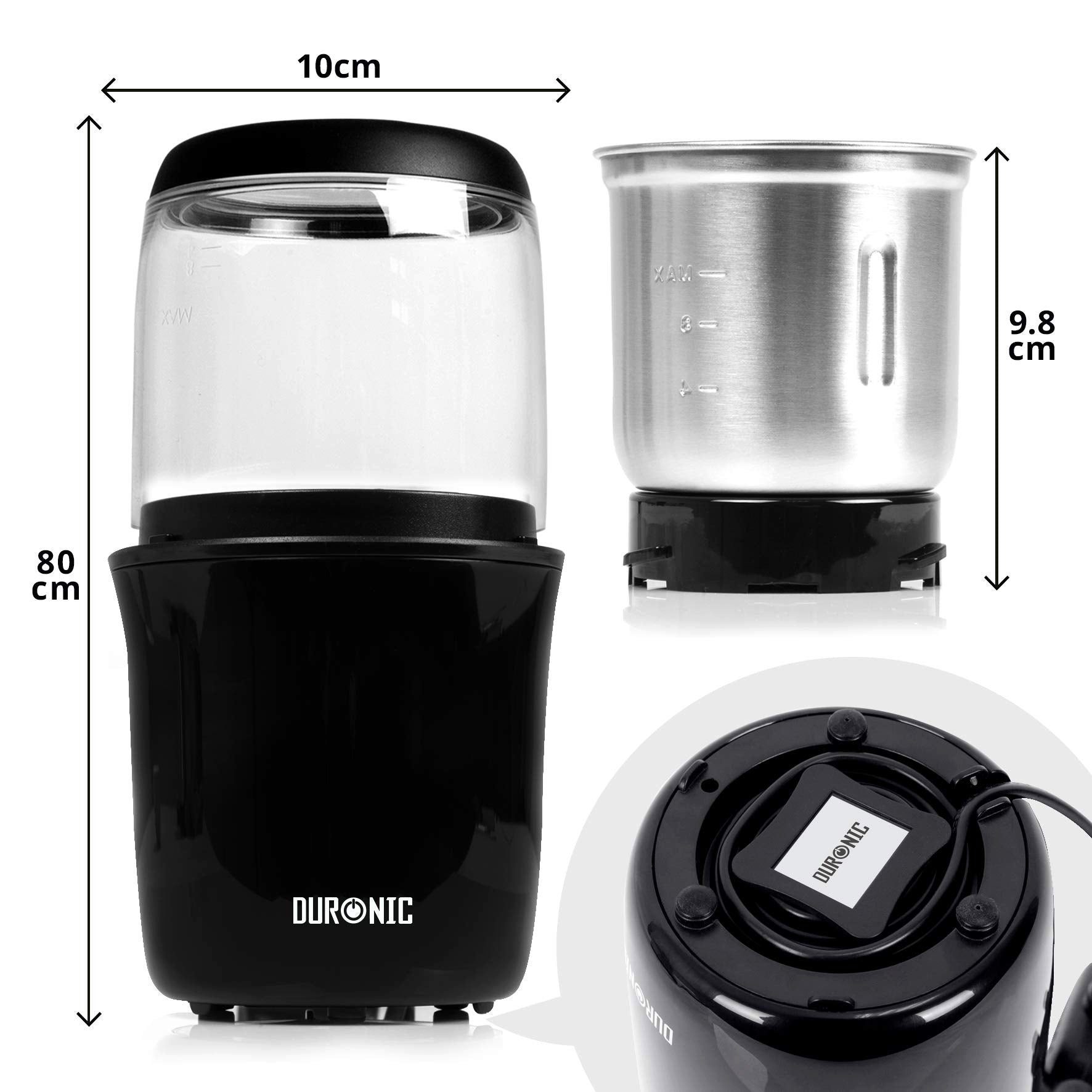 Duronic Kaffeemühle, CG250 Elektrische Propellermühle, Kaffeemühle mit 250 W, 75g Fassungsvermögen für 12 Tassen, Gewürzmühle mit Edelstahlklingen, Touch-Sensor, Für Kaffee Nüsse Gewürze Kaffeebohnen geröstet