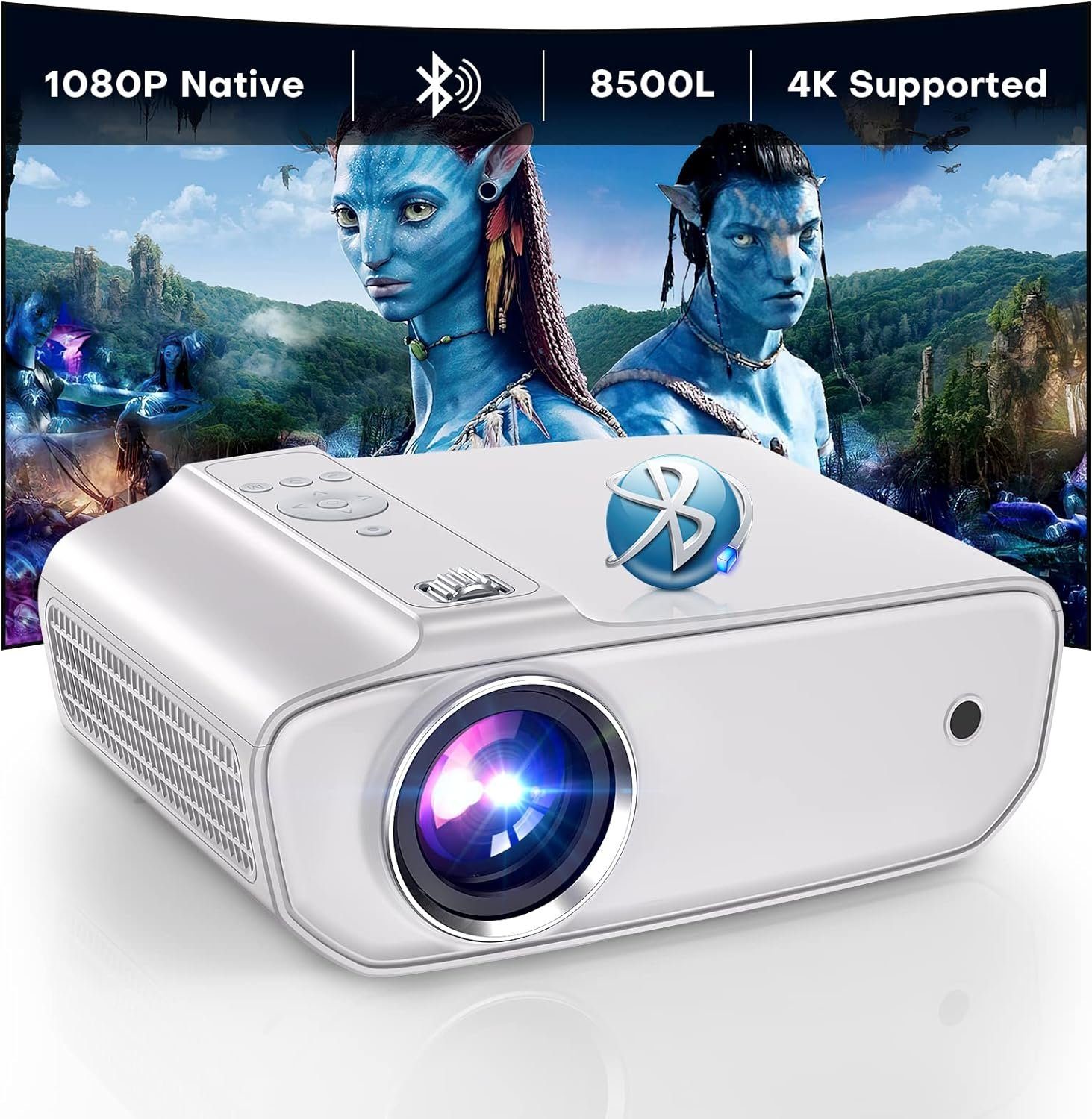 TOPVISION Bluetooth 5.1 Multimedia Heimkino250' Display Unterstützung Portabler Projektor (8500 lm, 10000:1, 1920 * 1080P px, kompatibel mit HDMI, USB, VGA, AV, Smartphone, Pad, TV Box, Laptop)