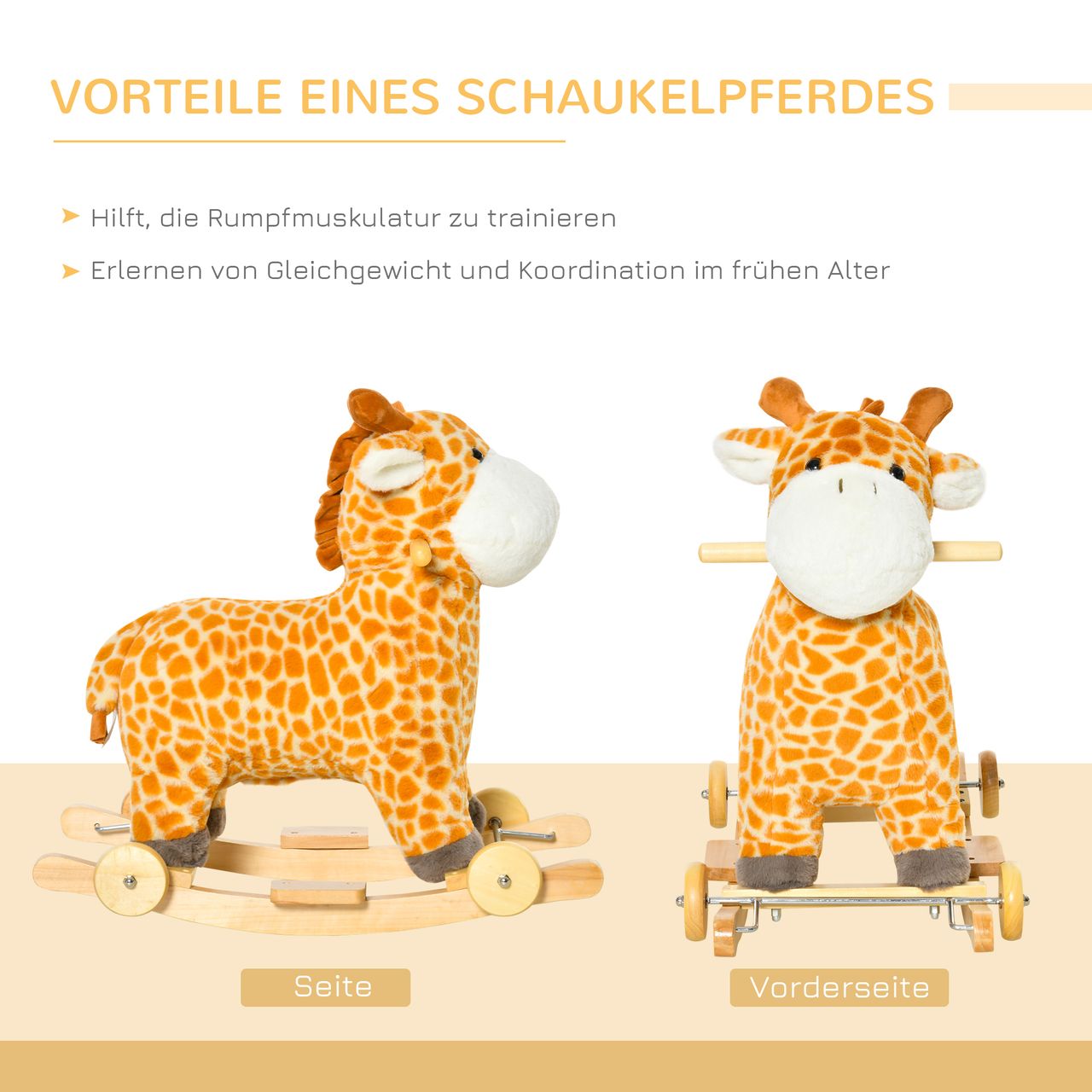 HOMCOM 2-IN-1 Schaukelpferd mit Räder Plüsch Schaukeltier Babyschaukel Spielzeug für 36-72 Monaten Giraffen-Design Gelb 63 x 38 x 63 cm