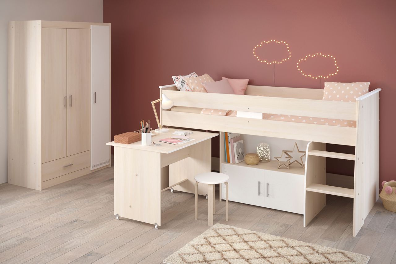 Parisot mit 3-trg. Kleiderschrank und Hochbett, Charly 6 - mit ausziehbarem Schreibtisch