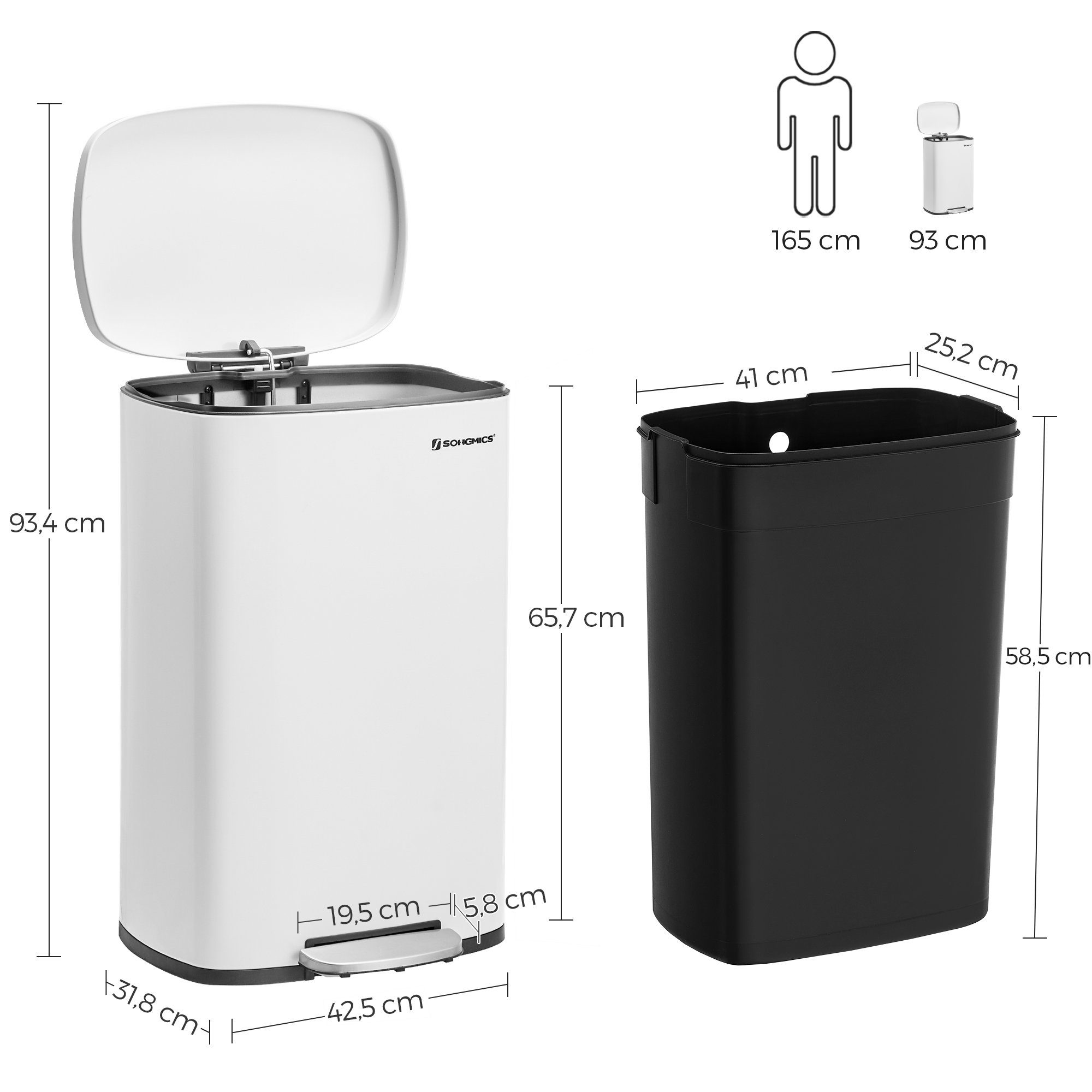 SONGMICS Mülleimer Abfalleimer, 50 L, luftdicht, Küche, silbern,Weiß