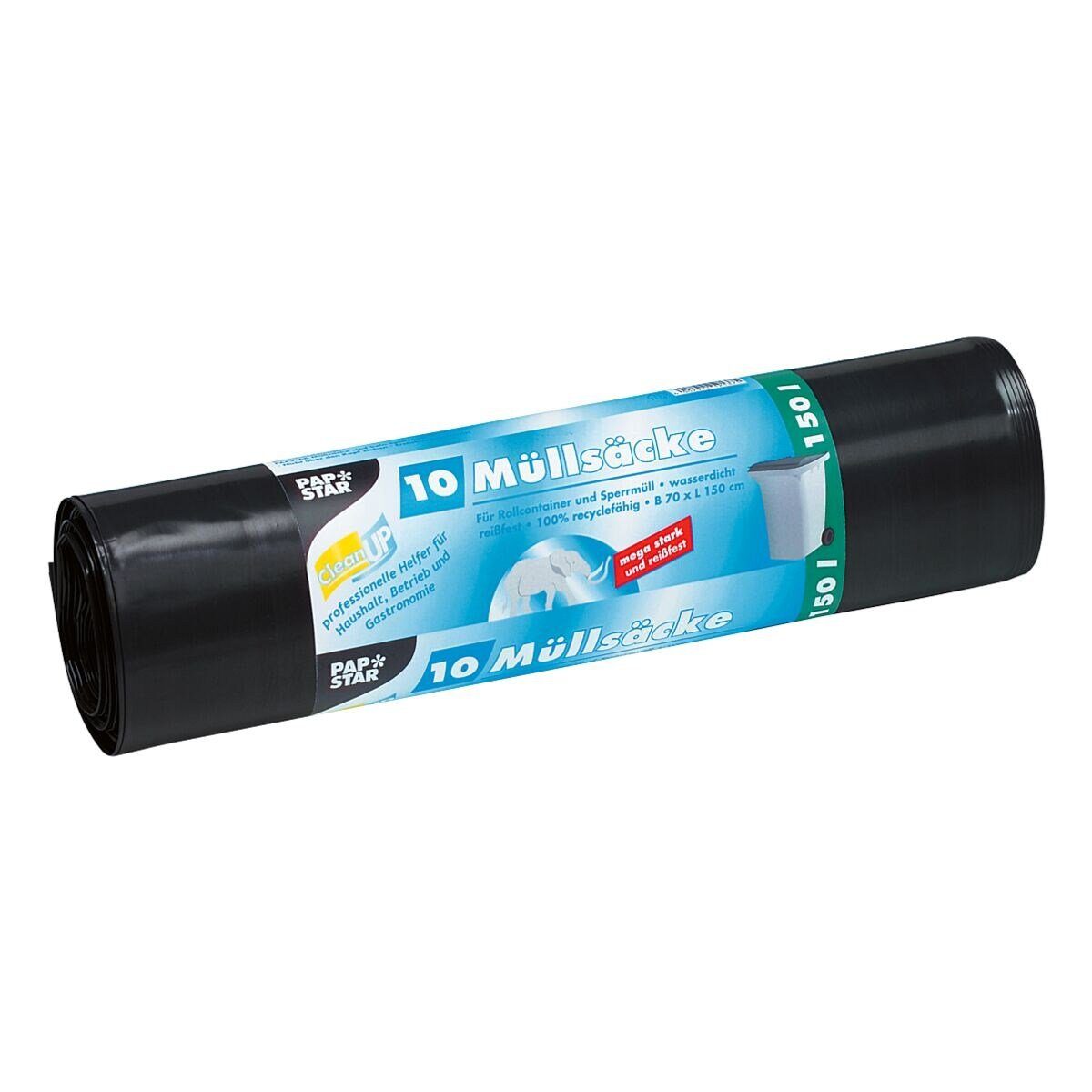 PAPSTAR Müllbeutel, 10 Stück/Rolle, Schwerlast-Müllsäcke 150 Liter, schwarz, 90 µm