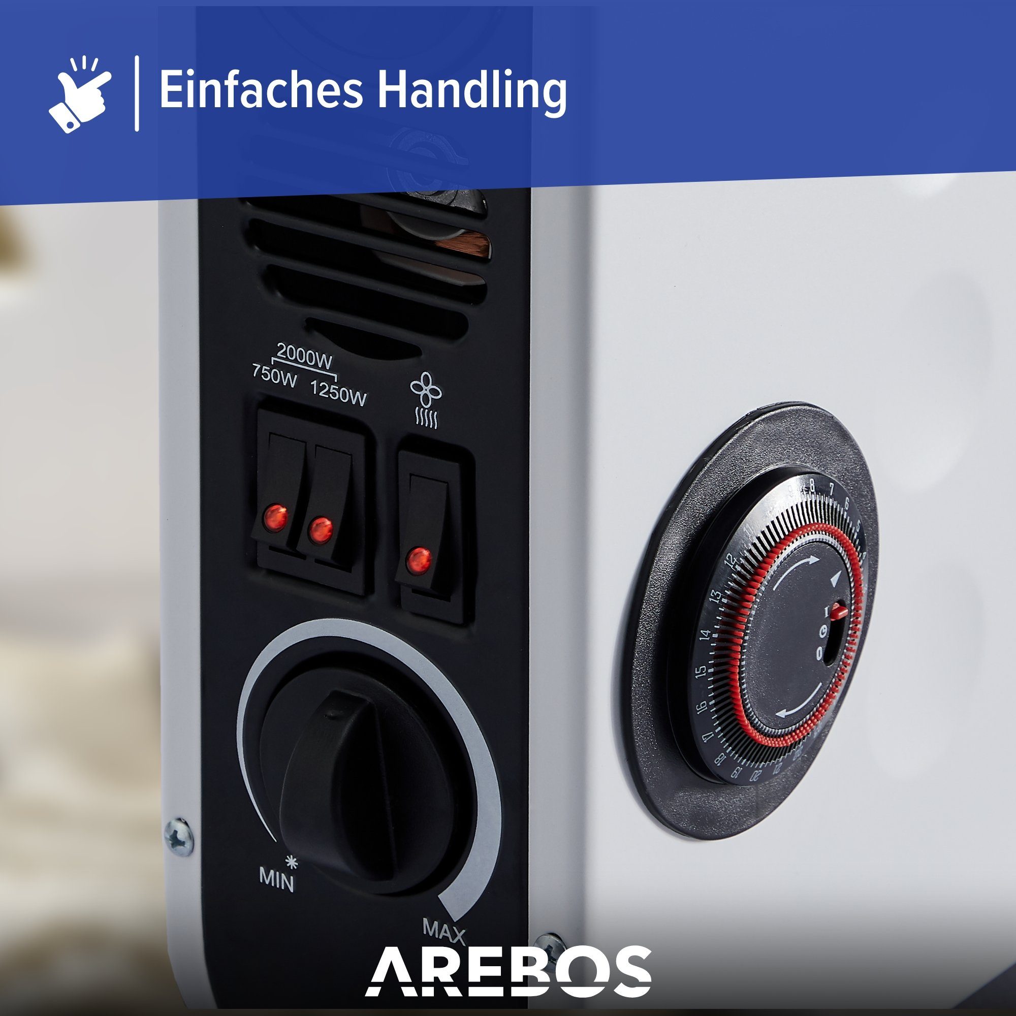 Arebos Konvektor Elektroheizung mit 3 Heizstufen, leise Heizung, schwarz oder weiss