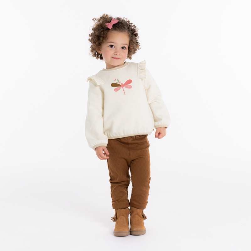 Sweat libellule brodée en molleton beige bébé fille