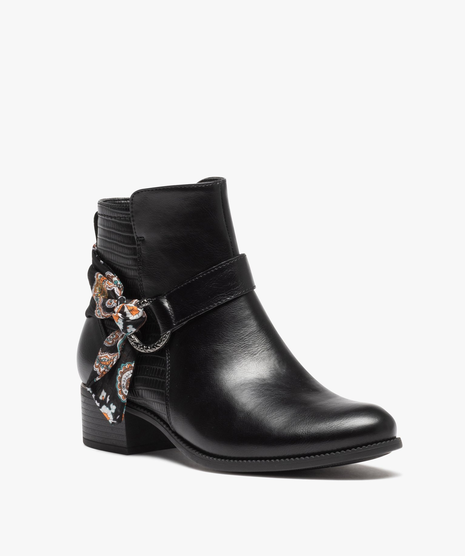Boots femme unies à petit talon avec bride foulard noir | GEMO