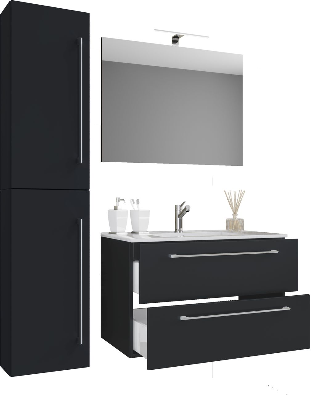 VCM 4-tlg. Waschplatz Badinos 80 cm Spiegel   Hochschrank schwarz