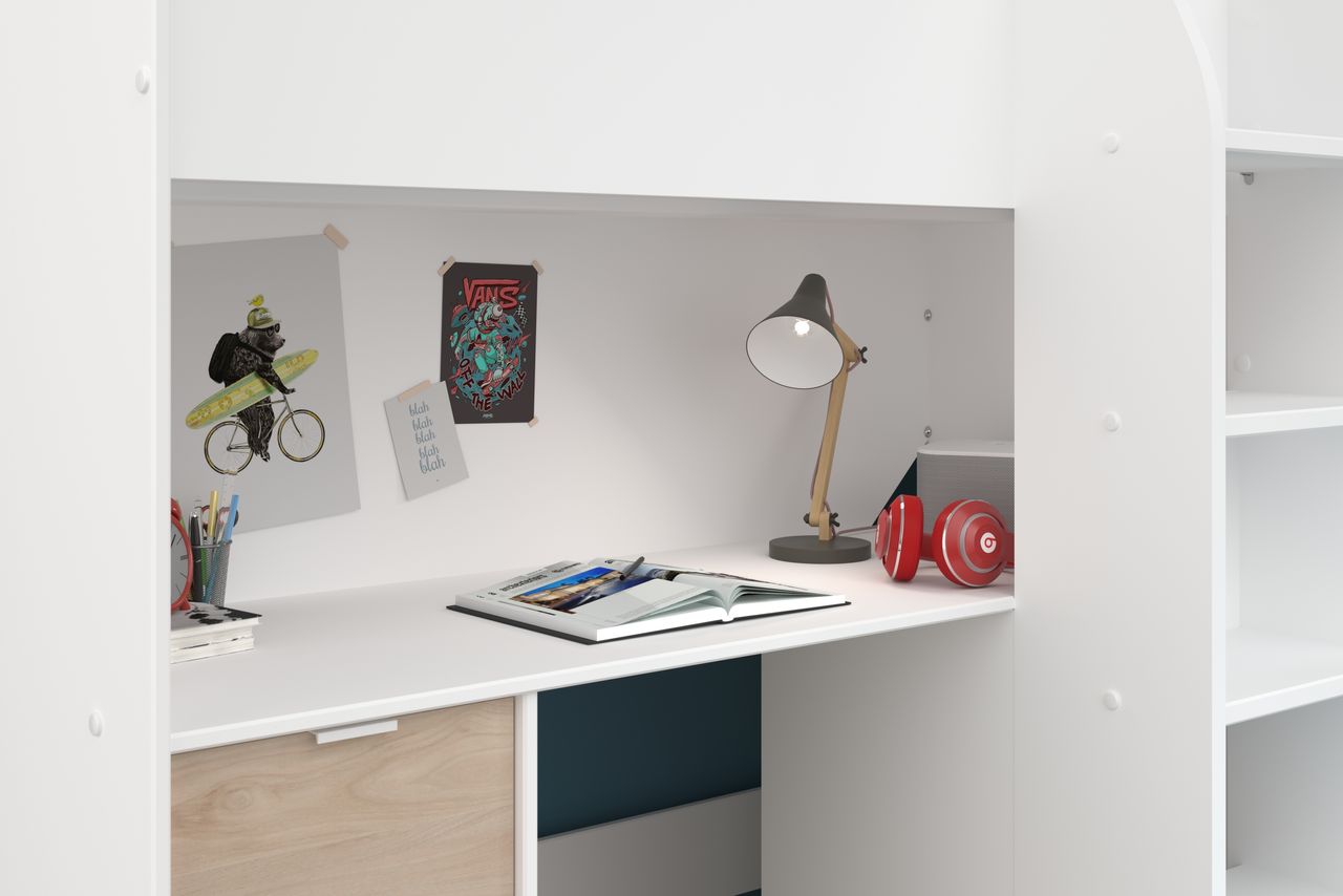 Parisot Hochbett, Tom - mit integriertem Schreibtisch und Kleiderschrank