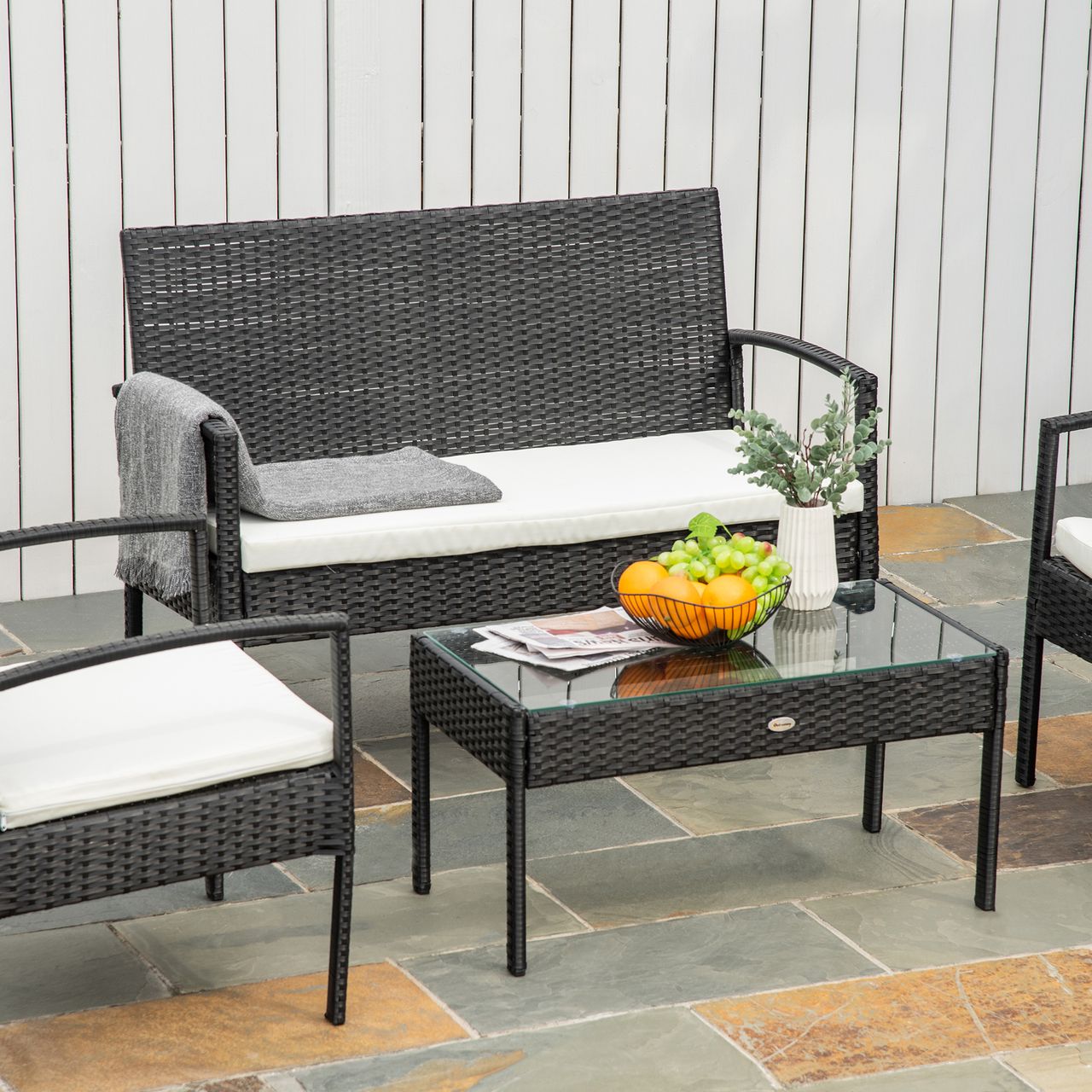Outsunny Polyrattan Sitzgruppe Garnitur Lounge Sofa Gartenset 7 tlg. mit Kissen, Schwarz