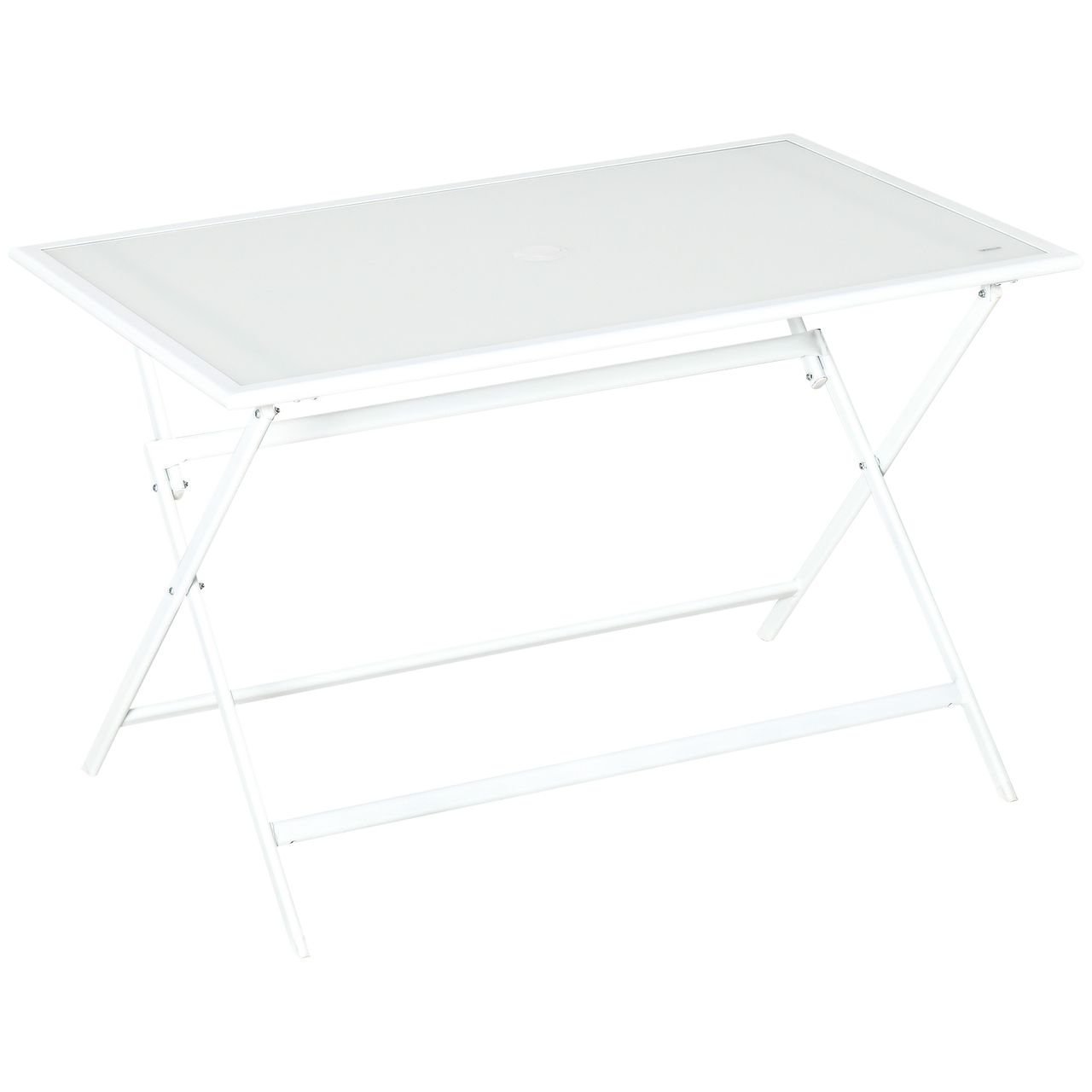 Outsunny Klapptisch Gartentisch mit Ø42mm Ø50mm Schirmloch Falttisch klappbar Beistelltisch Balkontisch Picknicktisch Esstisch Metall gehärtetes Glas Weiß 110 x 70 x 70 cm