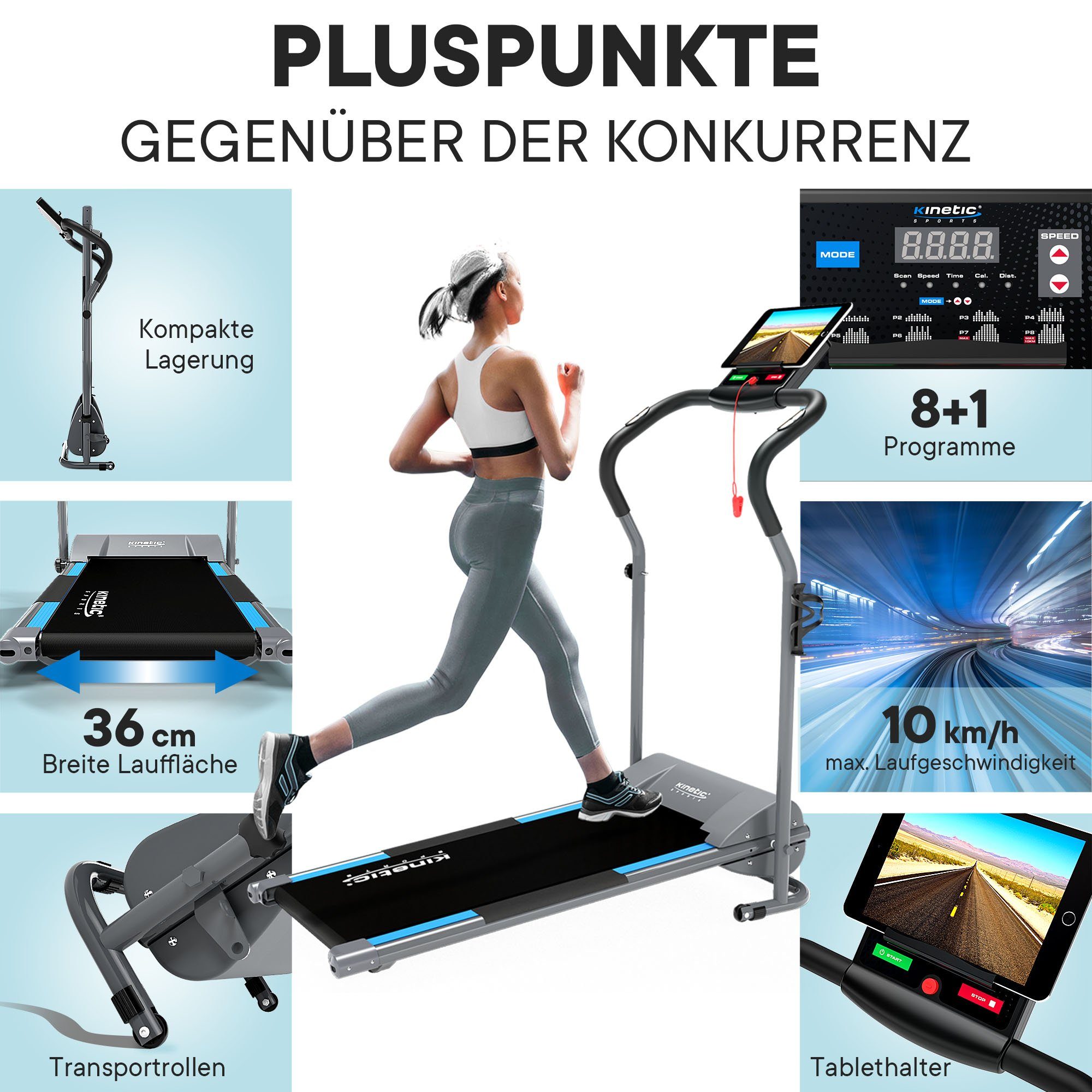 Kinetic Sports Laufband KST2500FX, klappbar, Konsole mit LCD-Display, 750 Watt Motor, bis 10 km/h