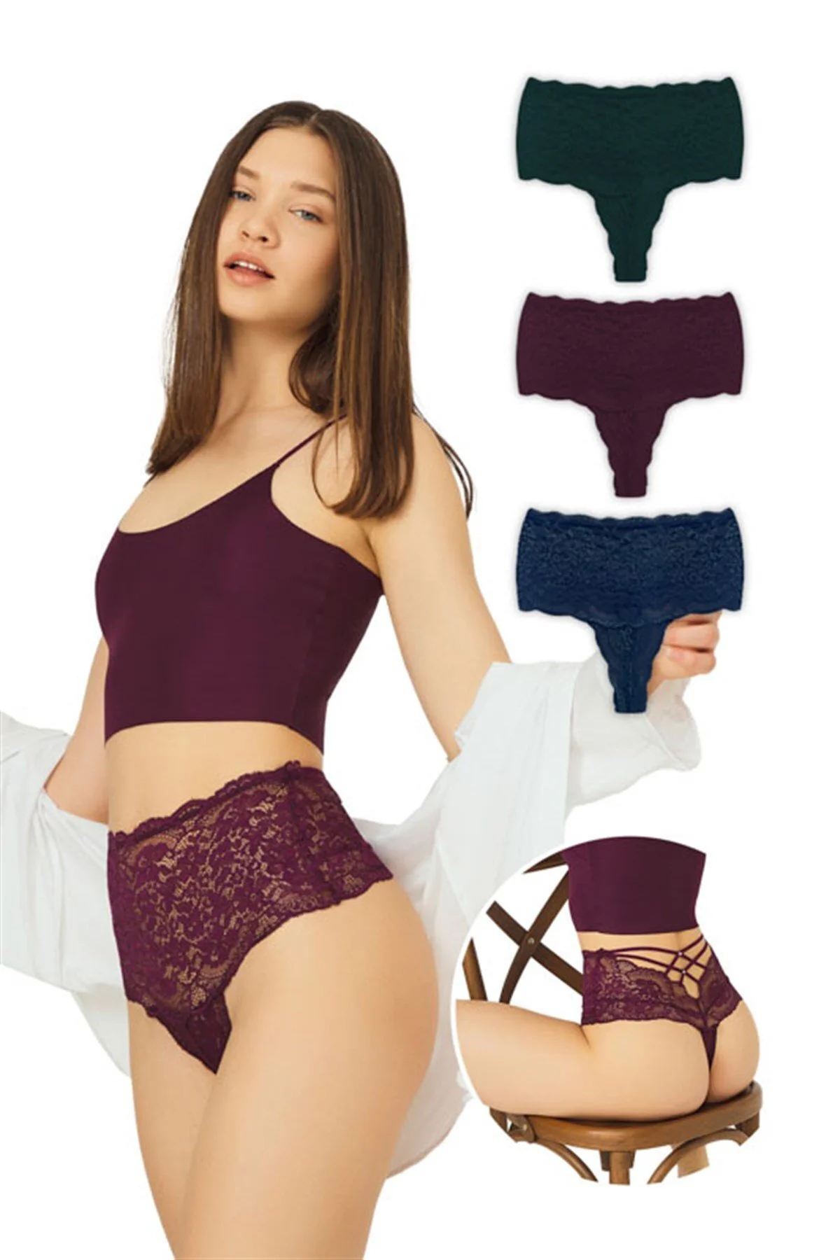 Cottonhill  Spitze, elastisch, detailliert, hohe Taille, Damen-Tangas, 3er-Pack Höschen – 2