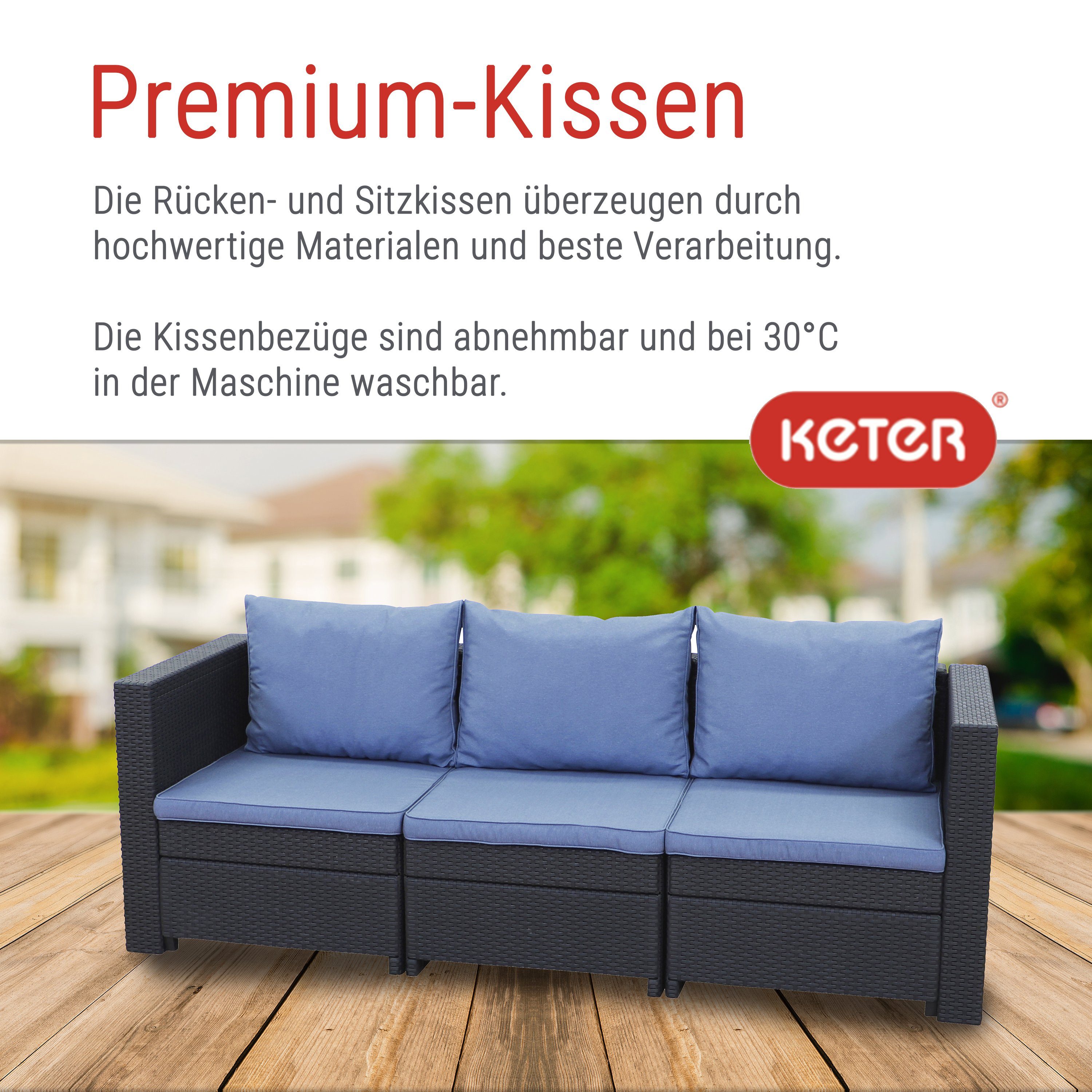 Keter Gartenlounge-Set Keter Provence 3-Sitzer Gartensofa Premium Panama anthrazit mit Kissen