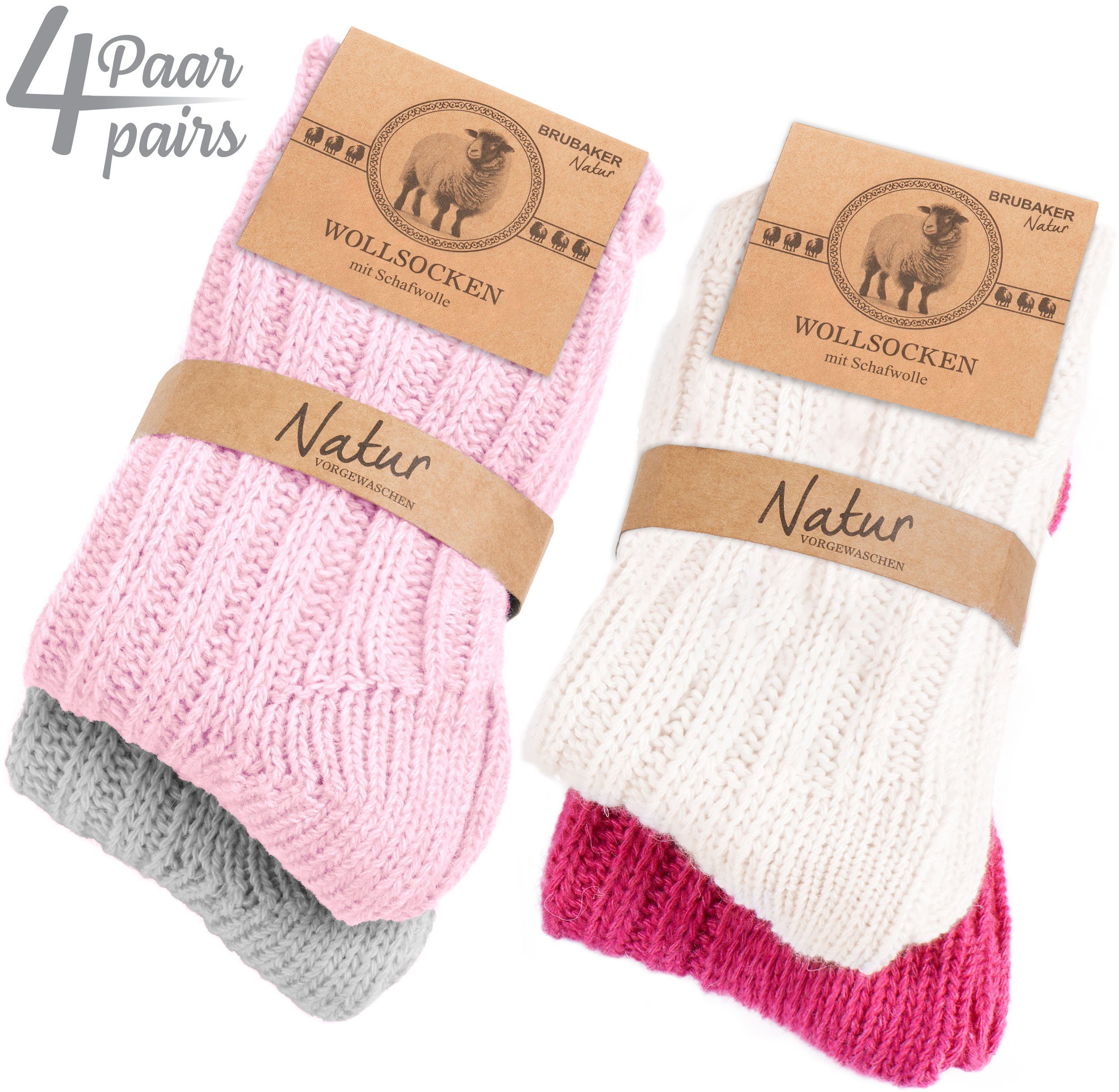 BRUBAKER Socken Kinder Wollsocken - Warme Wintersocken für Jungen und Mädchen (4-Paar, 4er-Pack) Flauschiges Socken Set mit Schafwolle - Winter Kindersocken