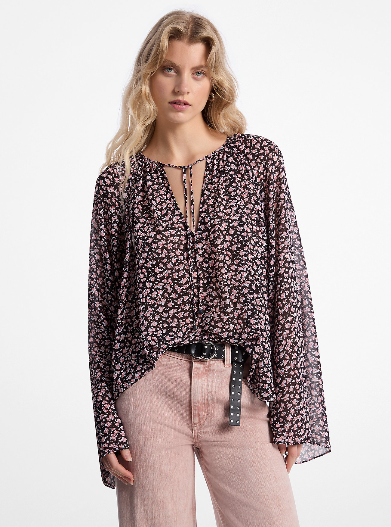 Blomsterprintet Georgette-bluse med utsvingte ermer - DUSTY ROSE