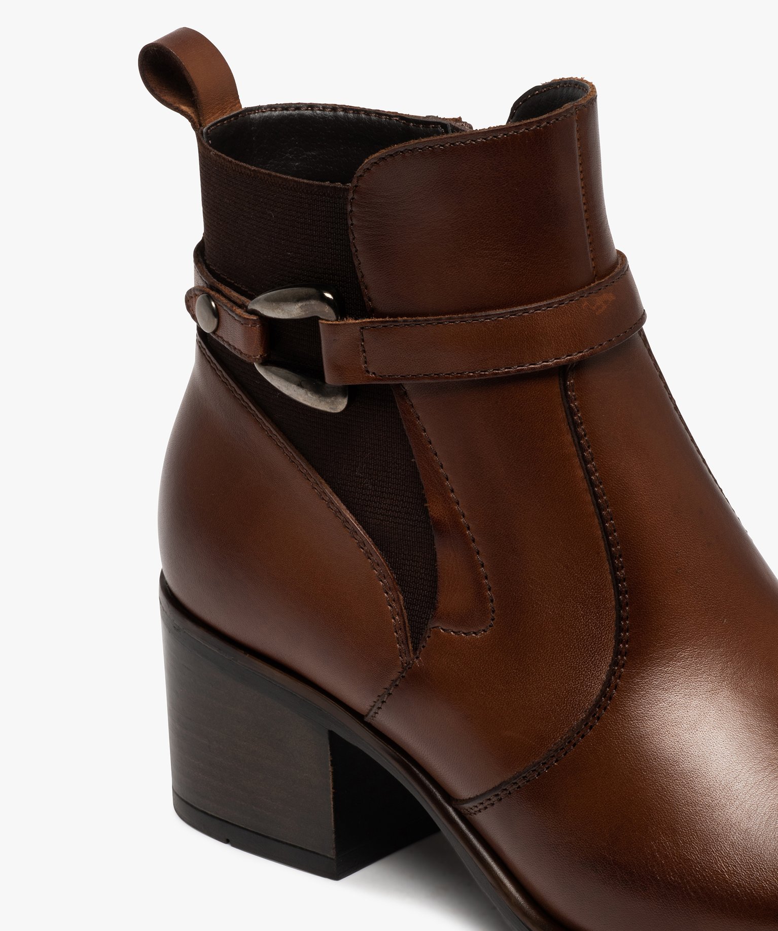 Boots femme à talon carré dessus en cuir uni à zip et bri... marron | GEMO